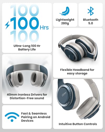 Enduro 100 Bluetooth Headphones, 40mm Ironless Driver, Deep Bass Over the Ear Headphones, 100Hr Play, Dual-Mic, Clear Calls, Comfort Fit, Bluetooth