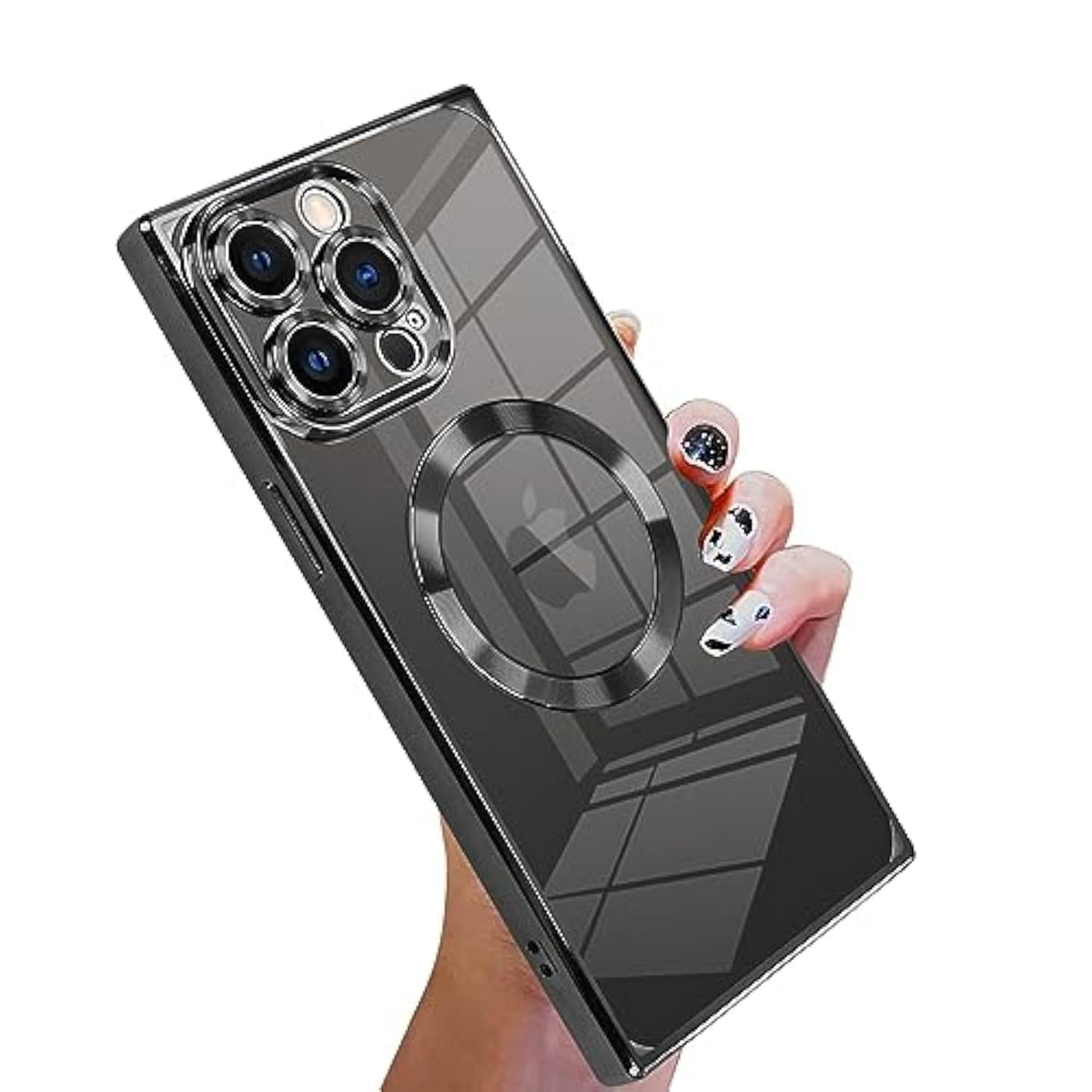 Case Designed For Iphone 15 Pro Max Magnetic Clear With Camera Lens Protector[Compatible With Magsafe] Luxury Cute Plating Design Full-Body Shockproof Protection Cover Black