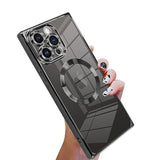 Case Designed For Iphone 15 Pro Max Magnetic Clear With Camera Lens Protector[Compatible With Magsafe] Luxury Cute Plating Design Full-Body Shockproof Protection Cover Black