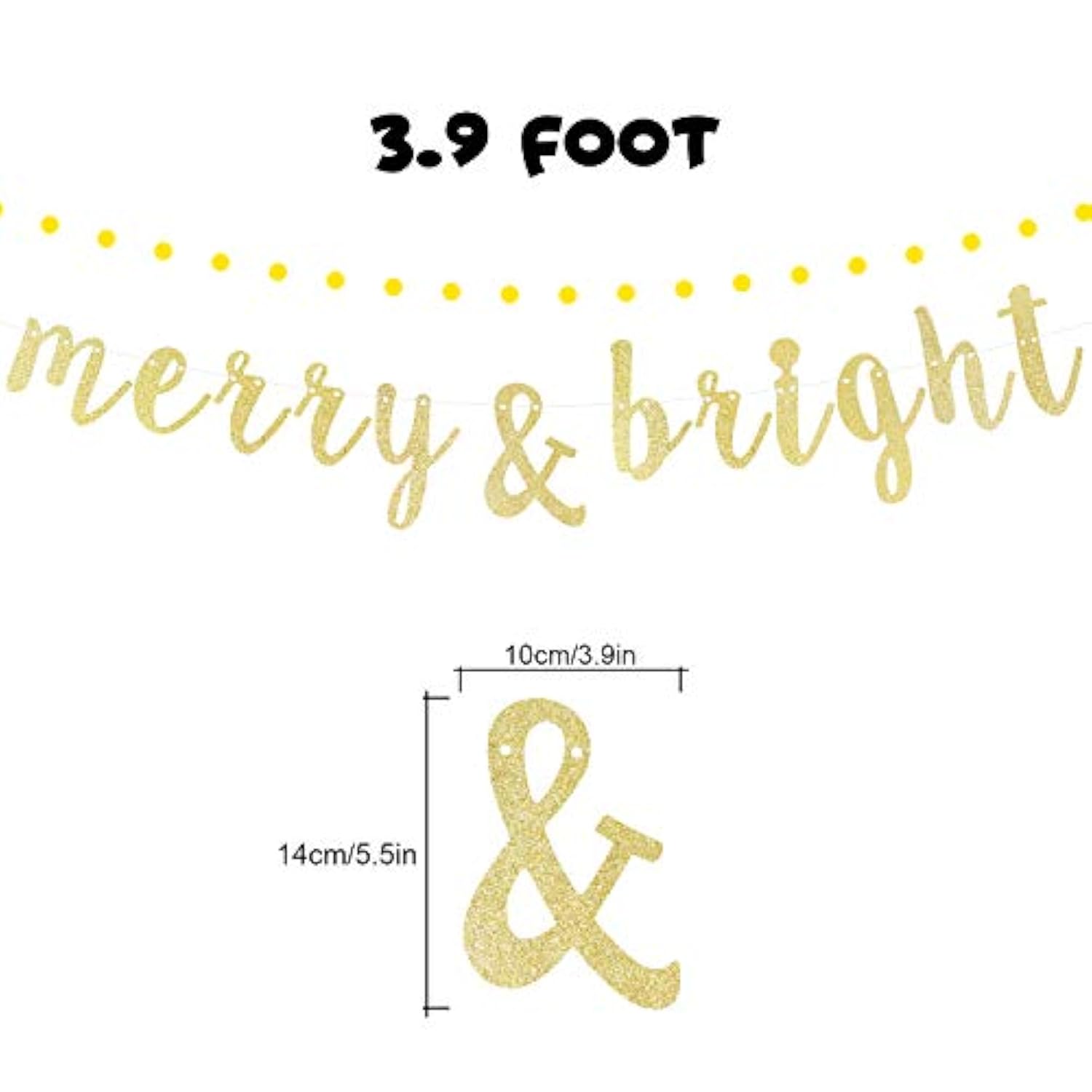 Merry & Bright Gold Glitter Bunting Banner Perfect For Merry Christmas Xmas Festival Holiday Party Decorations.