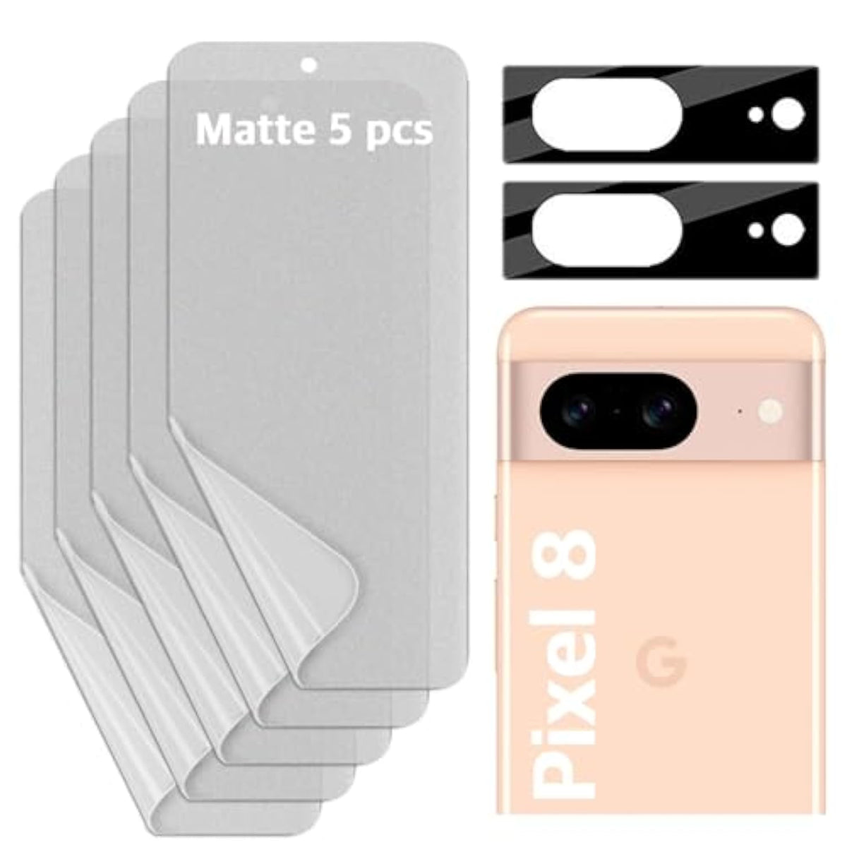 [5+2] 5 Anti-Glare(Matte) Tpu Film Screen Protector + 2 Lens Protector Compatible With Google Pixel 8 5G 2023 Easy To Install Tpu Film Screen Protector Scratch Resistant [Perfect Fit For 3D Edge