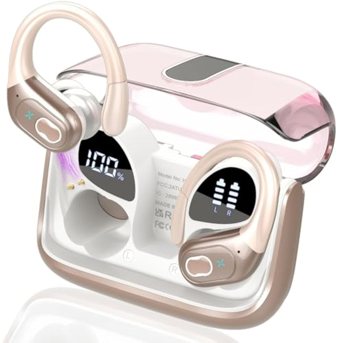 Wireless Earbuds 75Hrs Bluetooth 5.4 Headphone Sport, 2025 Bluetooth Earbuds Stereo Deep Bass Over Ear Bud With Earhooks, Enc Noise Cancelling Mic, Ipx7 Waterproof Earphone Rose Gold