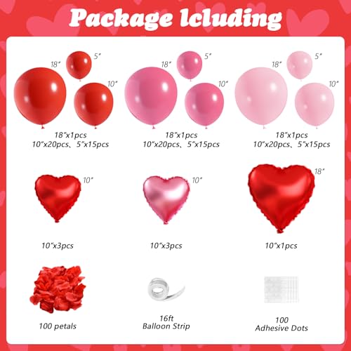 Valentines Day Balloon Arch Kit, Valentine Pink Red Heart Balloons with Rose Petals for Bachelorette Bridal Wedding Memorial Engagement Birthday Galentines Romantic Valentines Party Decorations