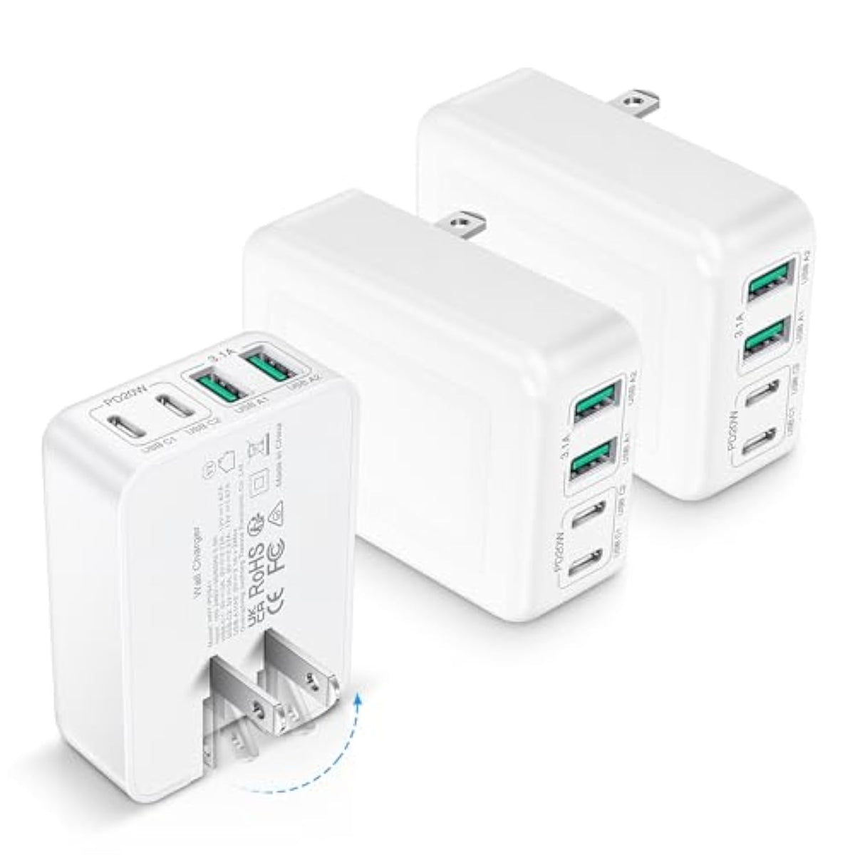 3-Pack Usb C Charger Block, Flat Usb C Charger, 40W 4-Port Pd3.0 Slim Fast Charging Block With Foldable Plug Type C Power Adapter Brick For Iphone 16/15/14/11/12/13 Pro/Max, Ipad, Samsung Galaxy