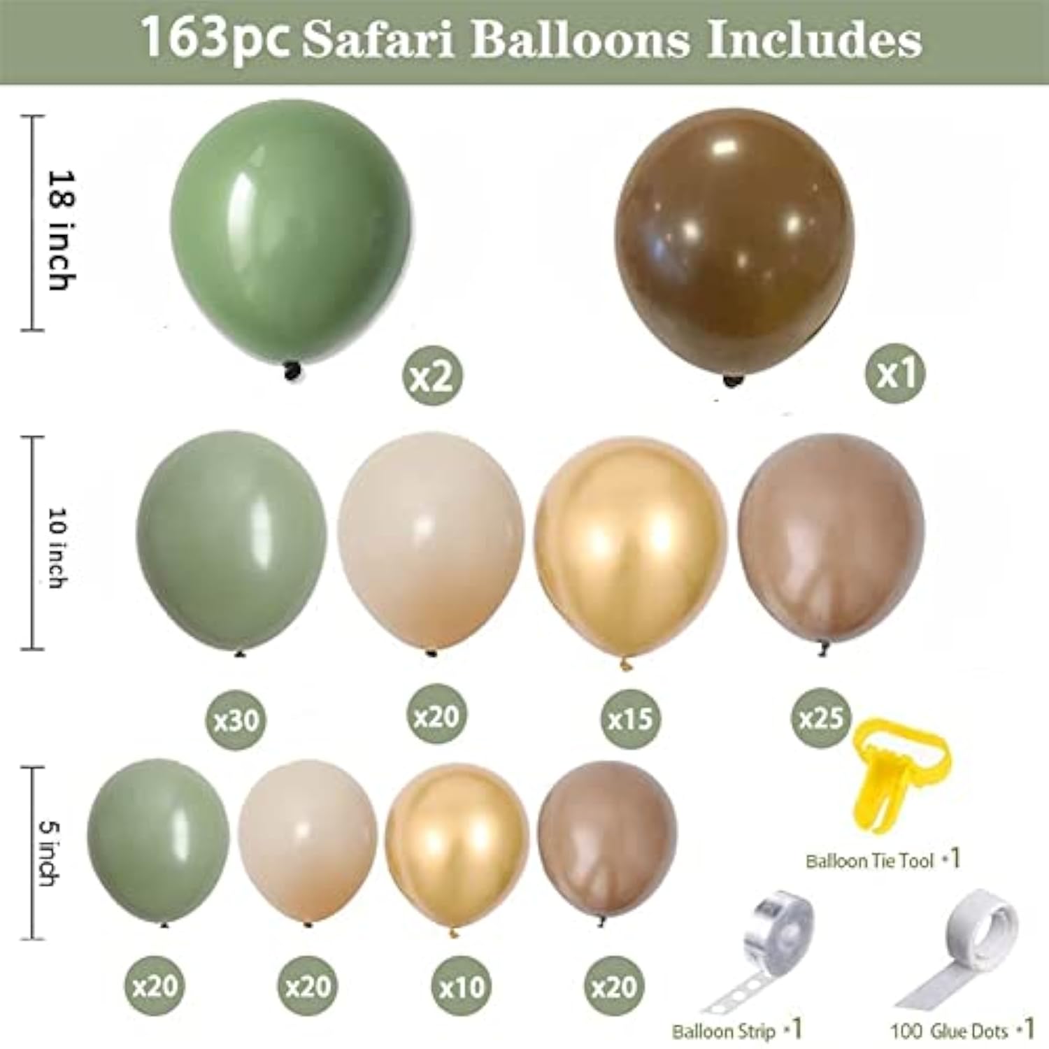 Sage Green Balloon Garland Kit, 163 Pcs, Natural Latex, Jungle Safari Woodland Birthday Decorations, Baby Shower, Wild One Party