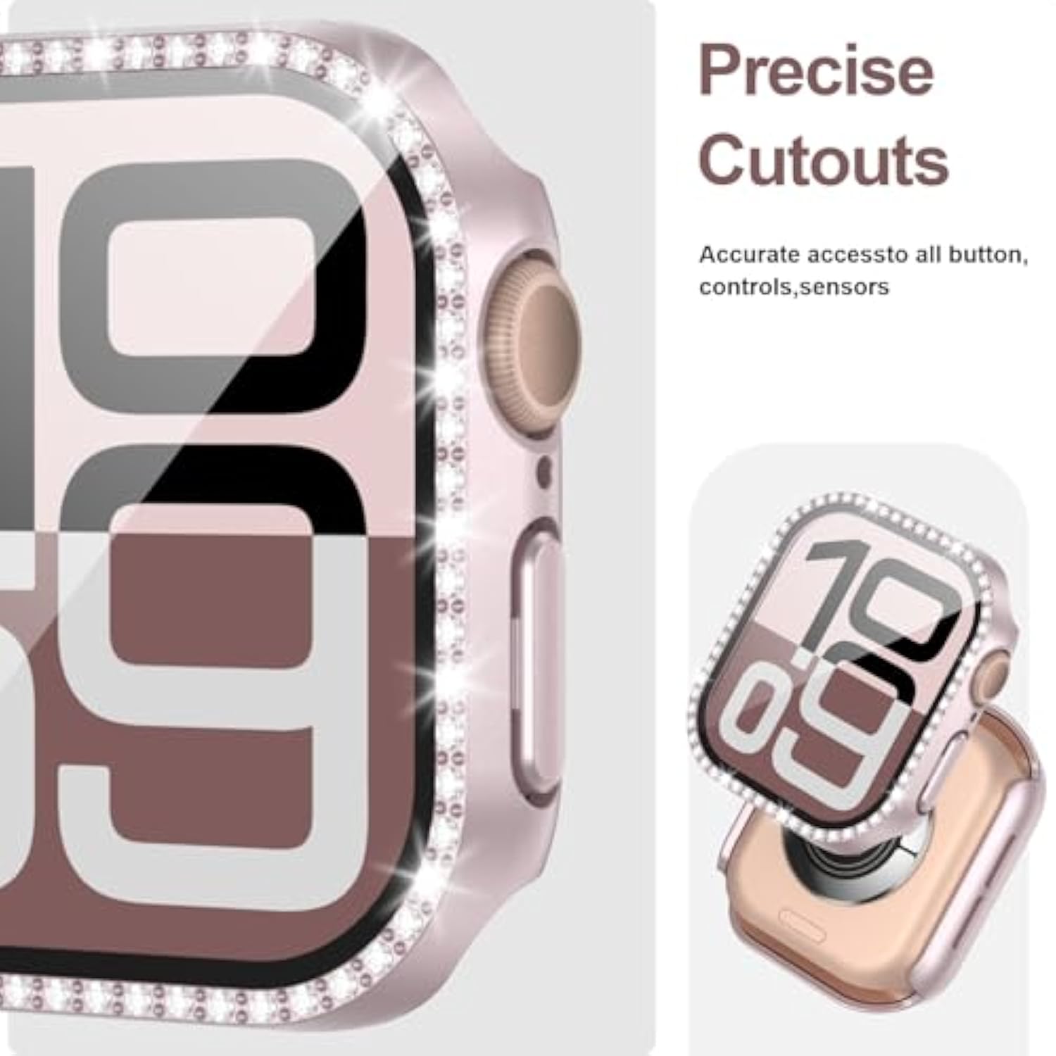 2-Pack Bling Case With Tempered Glass For Apple Watch Series 10 42Mm Screen Protector,Women Glitter Diamond Rhinestone Bumper Crystal Cover For Iwatch 10 42Mm Accessories,Rose Gold+Starlight