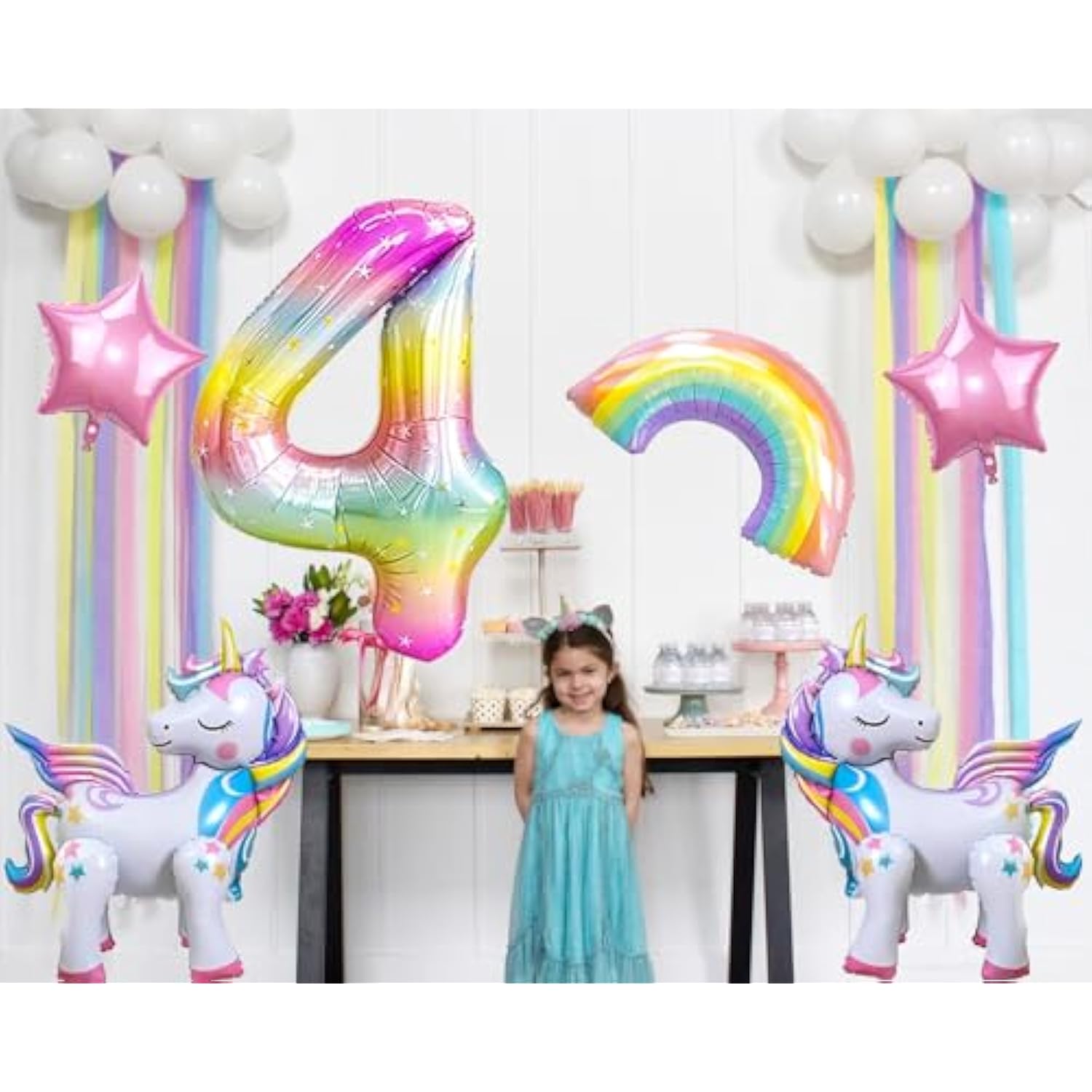 Unicorn 4Th Birthday Party Decorations Balloon Set With Self Standing Unicorn, Large Rainbow, Colorful Number 4, Star Balloons For Girl Purple Pink Theme 4Th Party Supplies.(4Th)