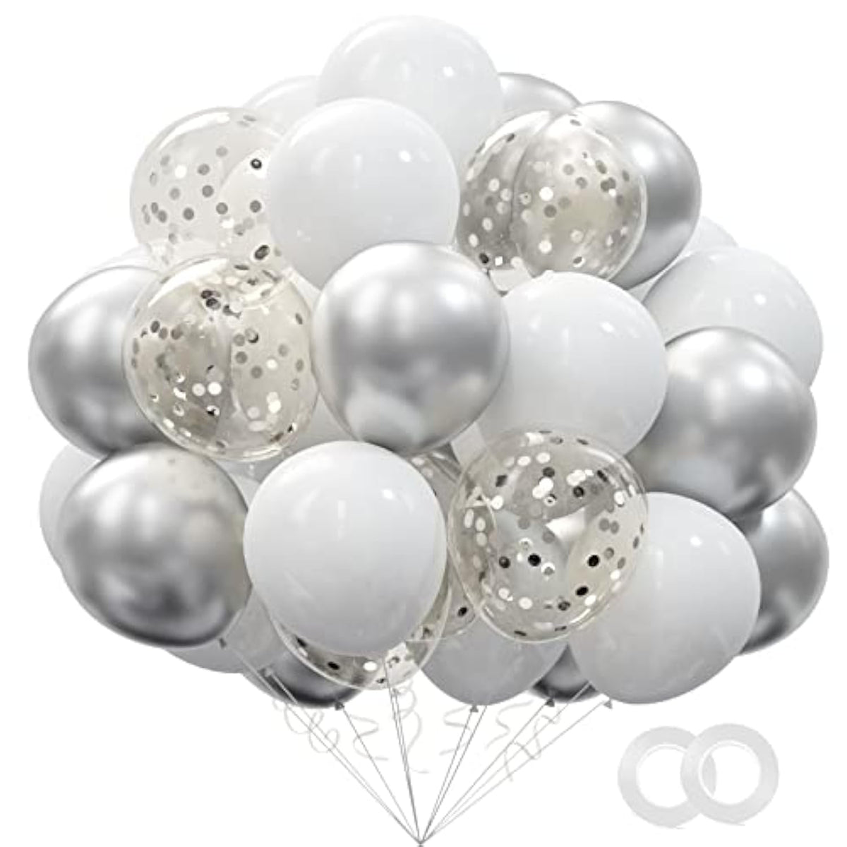62Pcs Party Decorations Balloons Kit - 12 Inches Silver White Confetti Party Balloons For Graduation Birthday Wedding Party Baby Shower Decoration Supplies