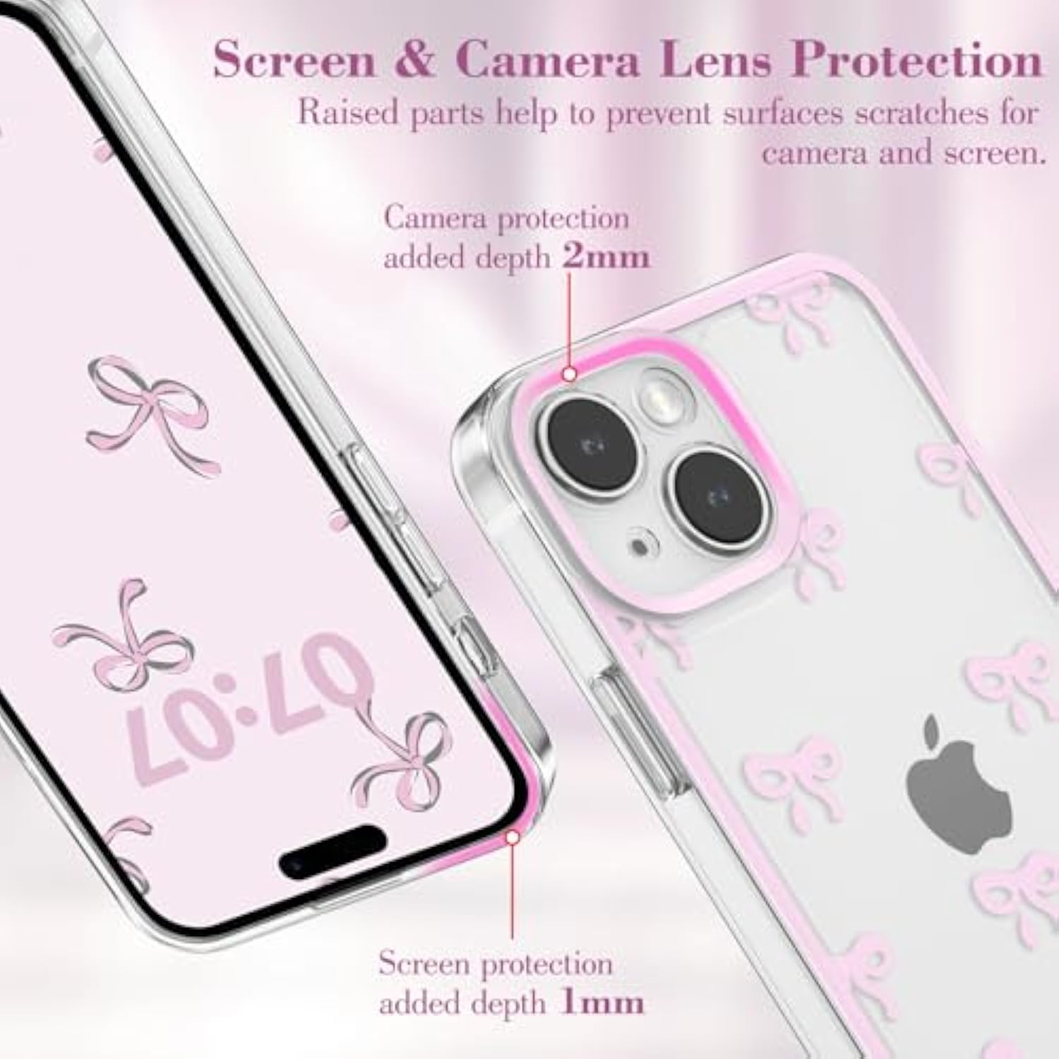 iPhone 15 Clear Bow Ribbon Case Pink Slim TPU Camera Protection