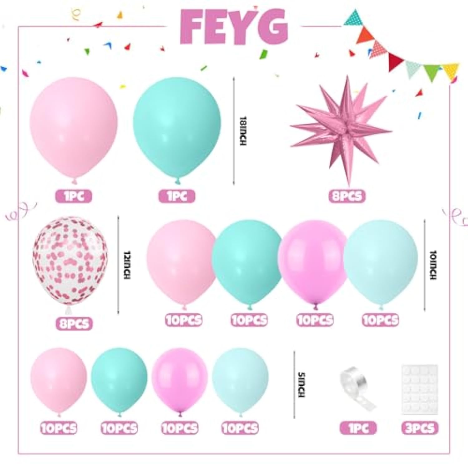 Pink And Teal Blue Balloon Arch Garland Kit, Pastel Pink Teal Blue Turquoise Latex Party Balloons With Star Confetti Balloon For Birthday Wedding Baby Shower Anniversary Party Supplies