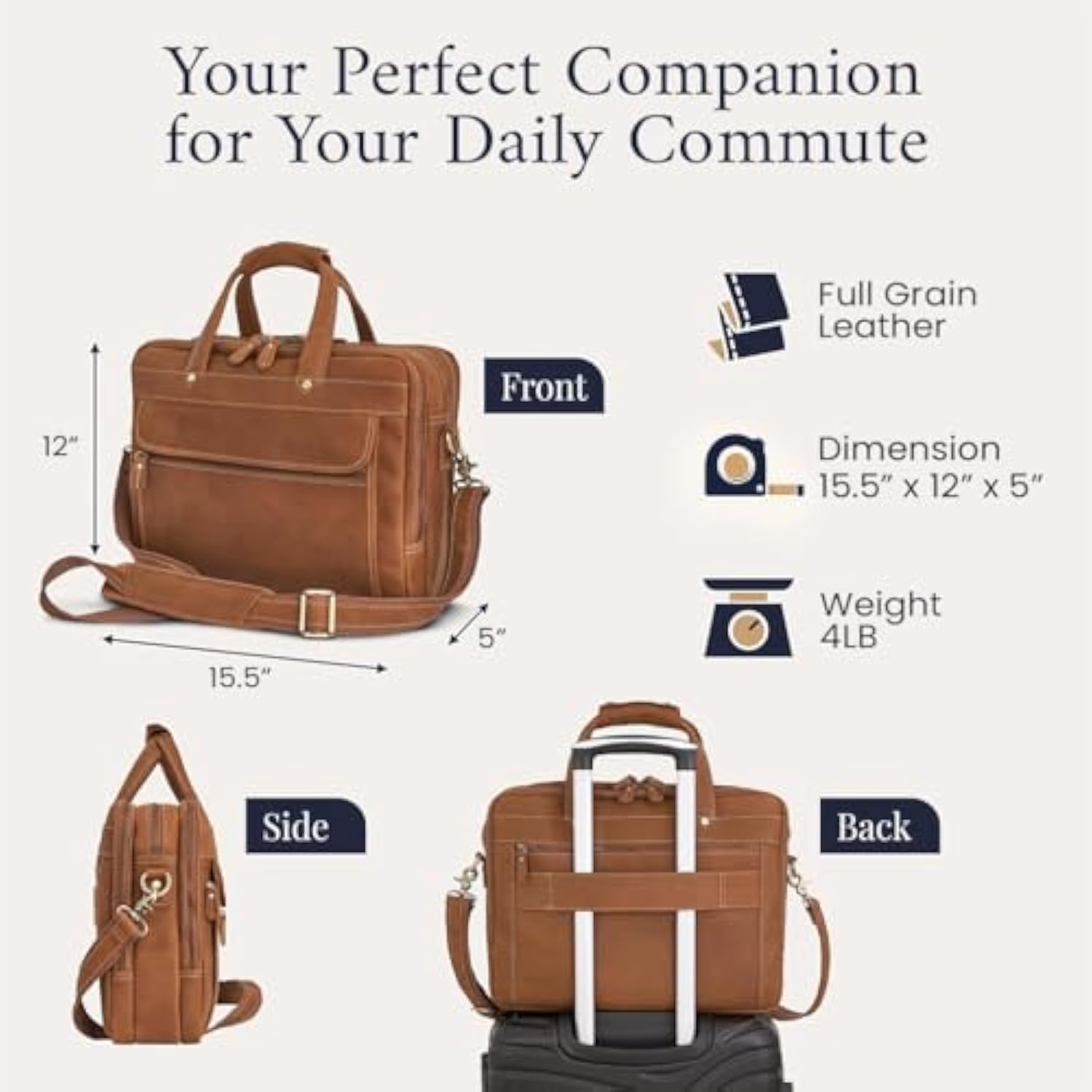 Full Grain Leather Briefcase For Men, Light Brown, 17"(W) X 13"(H) X 5"(D), Fits 15.6 Inch Laptop