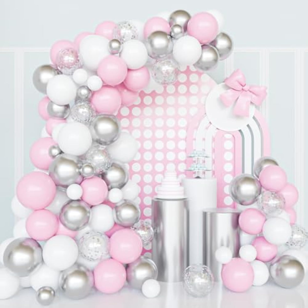 Silver Pink Balloons Garland Kit, 100Pcs White And Silver Confetti Met