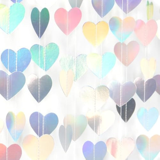 Iridescent Disco-Holographic Heart Garland - 52Ft Wedding Hanging Decoration Neon Streamers Banner, Perfect For Bridal Shower, Birthday, Baby Shower, Engagement, Valentines Day Decor
