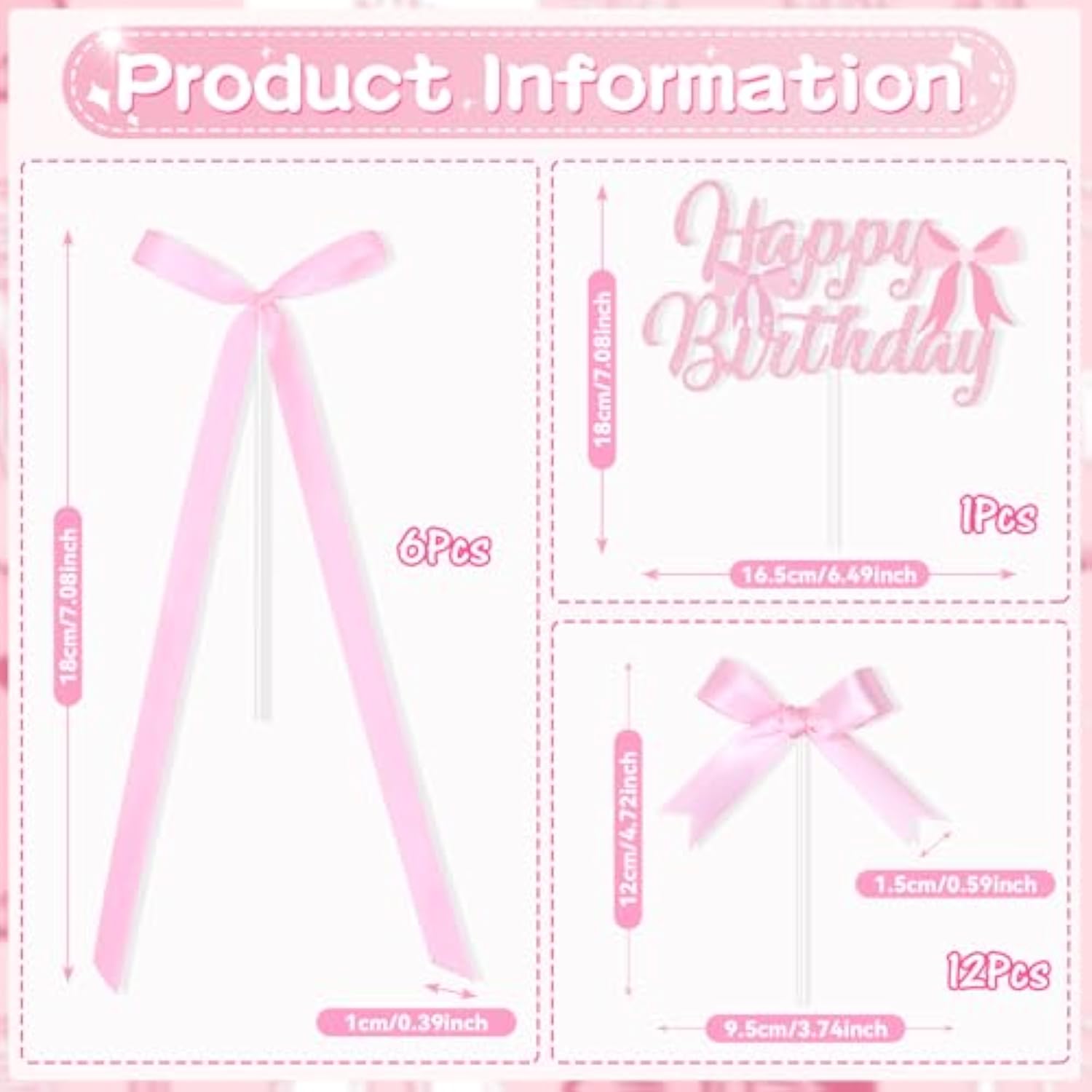 Pink Bow Cake Toppers, Happy Birthday Sign, 12Pcs Ribbion Bow Cupcake Toppers & 6Pcs Cake Toppers For Pink Bow Birthday Decorations, Baby Shower, Bridal Shower, Graduation Party