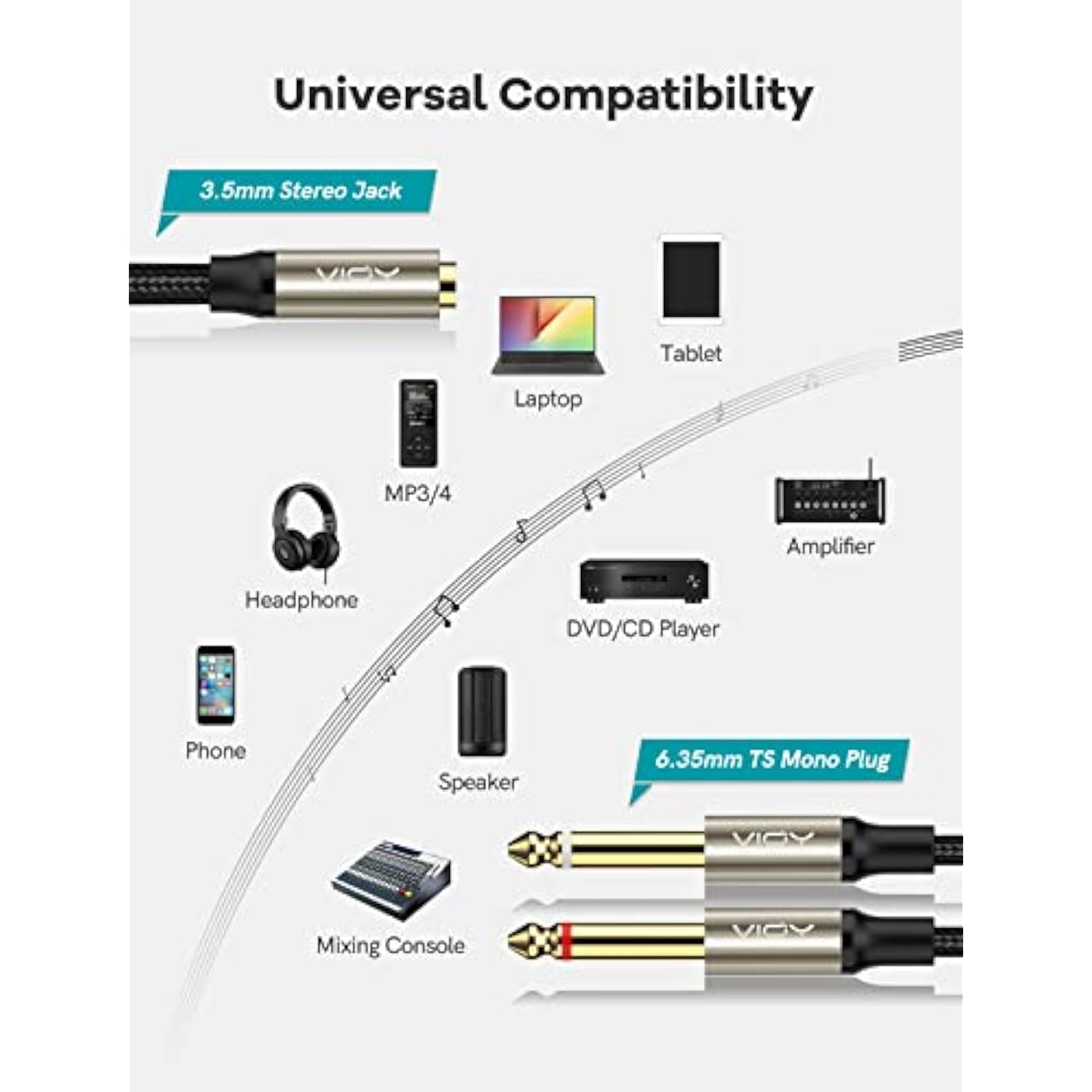 3.5Mm To Dual 1/4 Inch Audio Splitter Cable, Gold Plated 1/8" Trs Female To Dual Quarter Inch 6.35Mm Ts Mono Male Plug Braided Stereo Breakout Cable 35Cm/13.8Inch