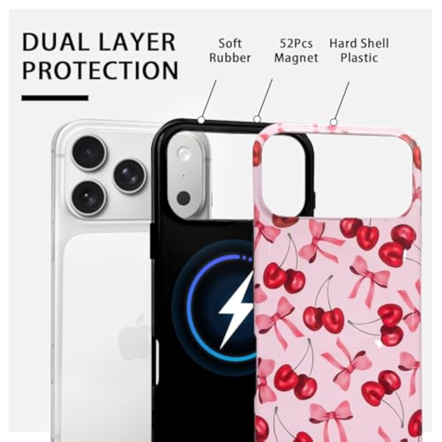 Magnetic Phone Case Compatible with MagSafe for iPhone 17 Pro Max - Cute Cherry Bow Ribbon Pattern, Hybrid 2 Layers Hard Back Shockproof Protective Cover - Glossy