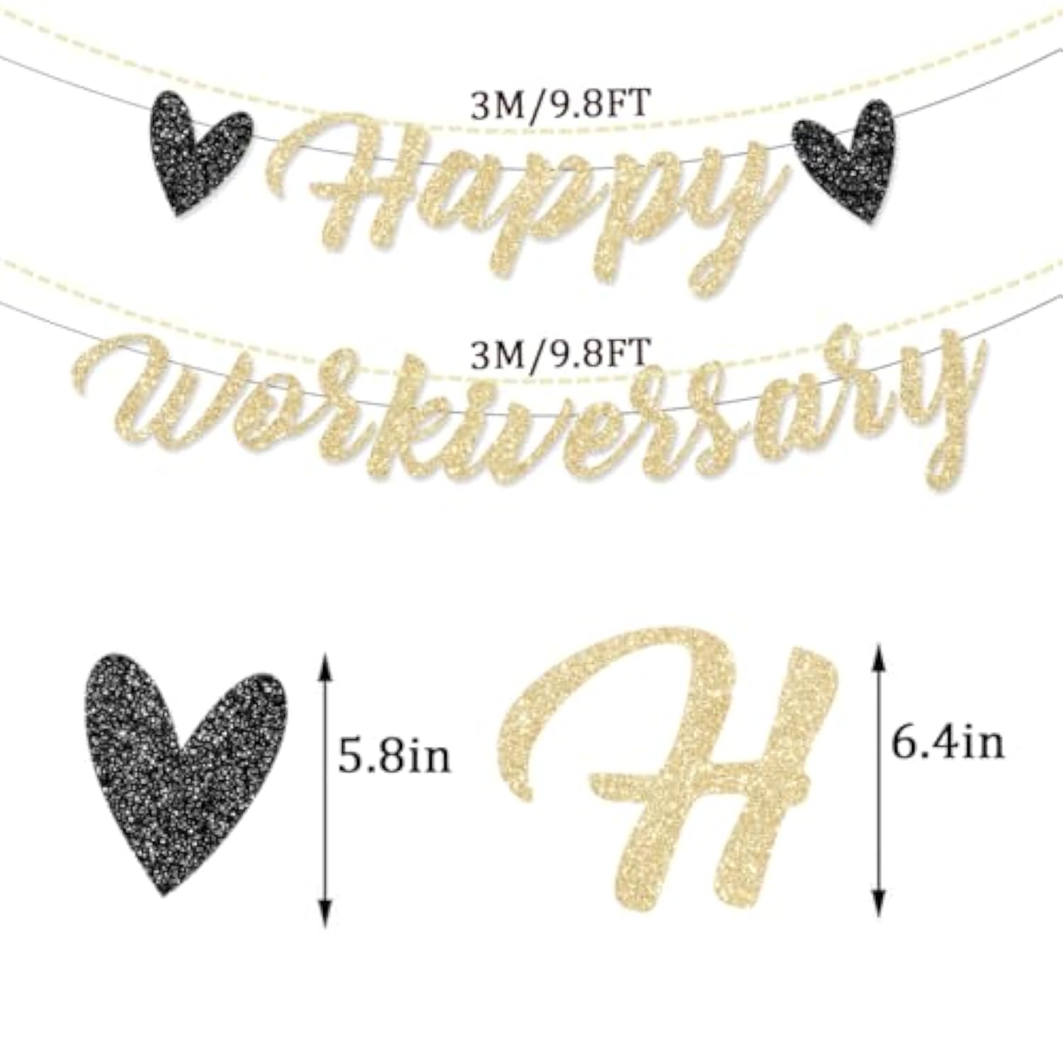 Pre-Strung Happy Work Anniversary Decorations Banner Gold Glitter Workiversary Sign For Work Party Office Party Theme No Diy