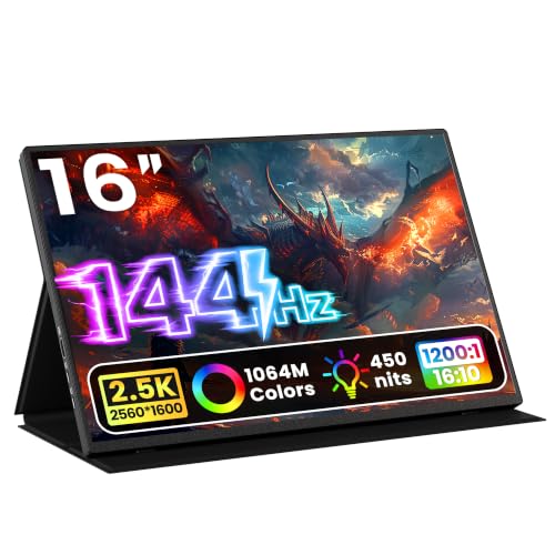Portable Monitor 16 Inch 2K Qhd 2560X1600 450 Nits 106% Srgb 144 Hz Hdr Hdmi Usb-C Travel Monitor For Laptop Mac Pc Surface Ps5 Xbox, External Display With Cover & Speakers, Vesa Compatible