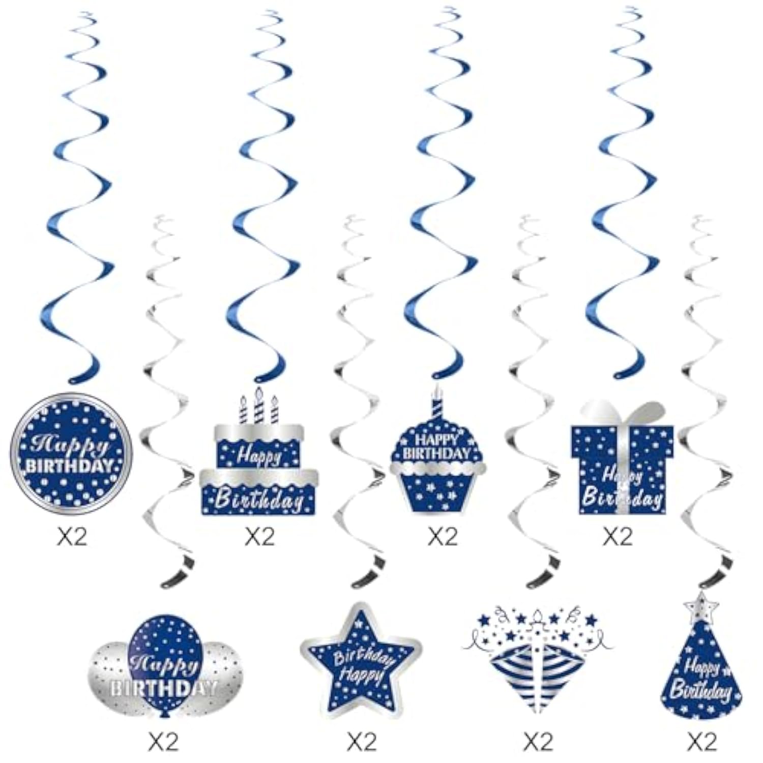 16PCS Blue Silver Hanging Birthday Swirls for Men Boys Party Ceiling Décor