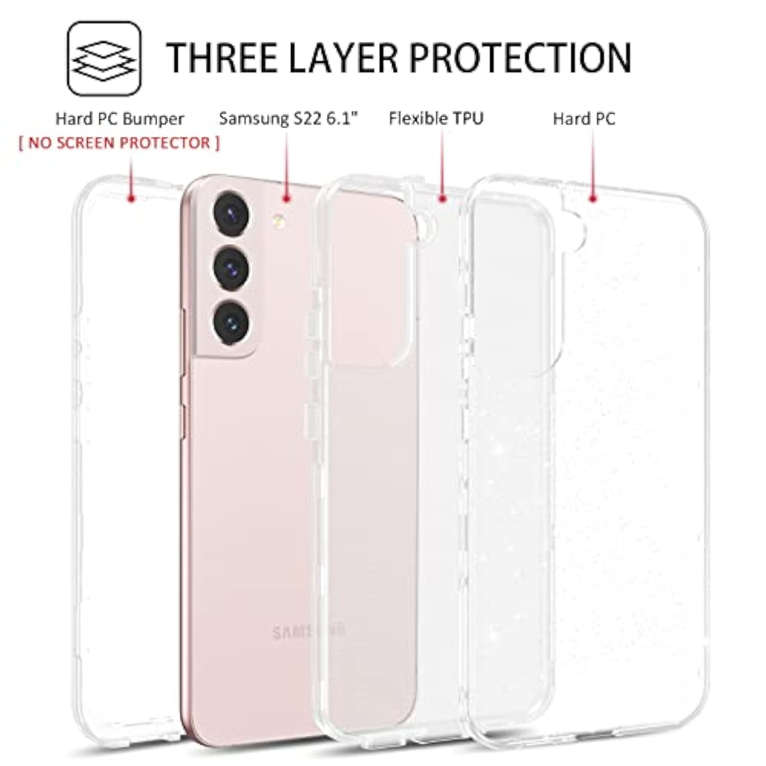 For Samsung Galaxy S22 6.1" 5G Case Glitter Full Body Protective 3 In 1 Heavy Duty Hybrid Hard Pc Rugged Shockproof Women Girls Transparent Bling Sparkle Cover Phone Case For Samsung S22, Clear