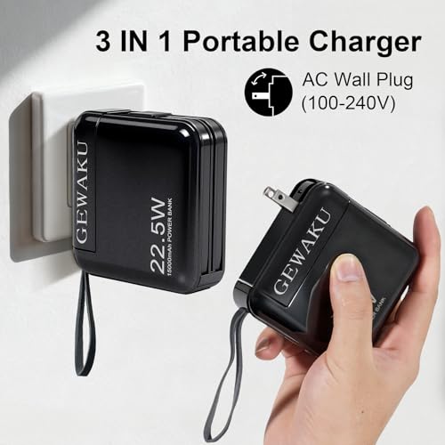 Portable Charger with Wall Plug 15000mAh Power Bank 22.5W Fast Charging Built-in Cables, 3-in-1 Compact USB-C Battery Pack Travel Essentials for
