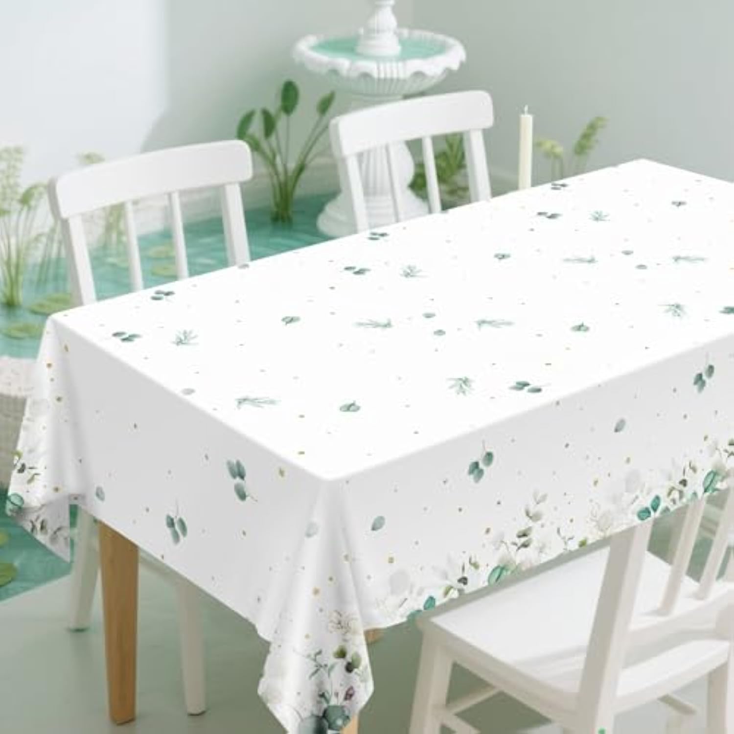2 Pcs Sage Green Tablecloth - White And Green Eucalyptus Leaves Table Cloth, Disposable Plastic Rectangle Greenery Table Cover For Wedding Bridal Baby Shower Party Supplies Tables Decor, 108X54Inch