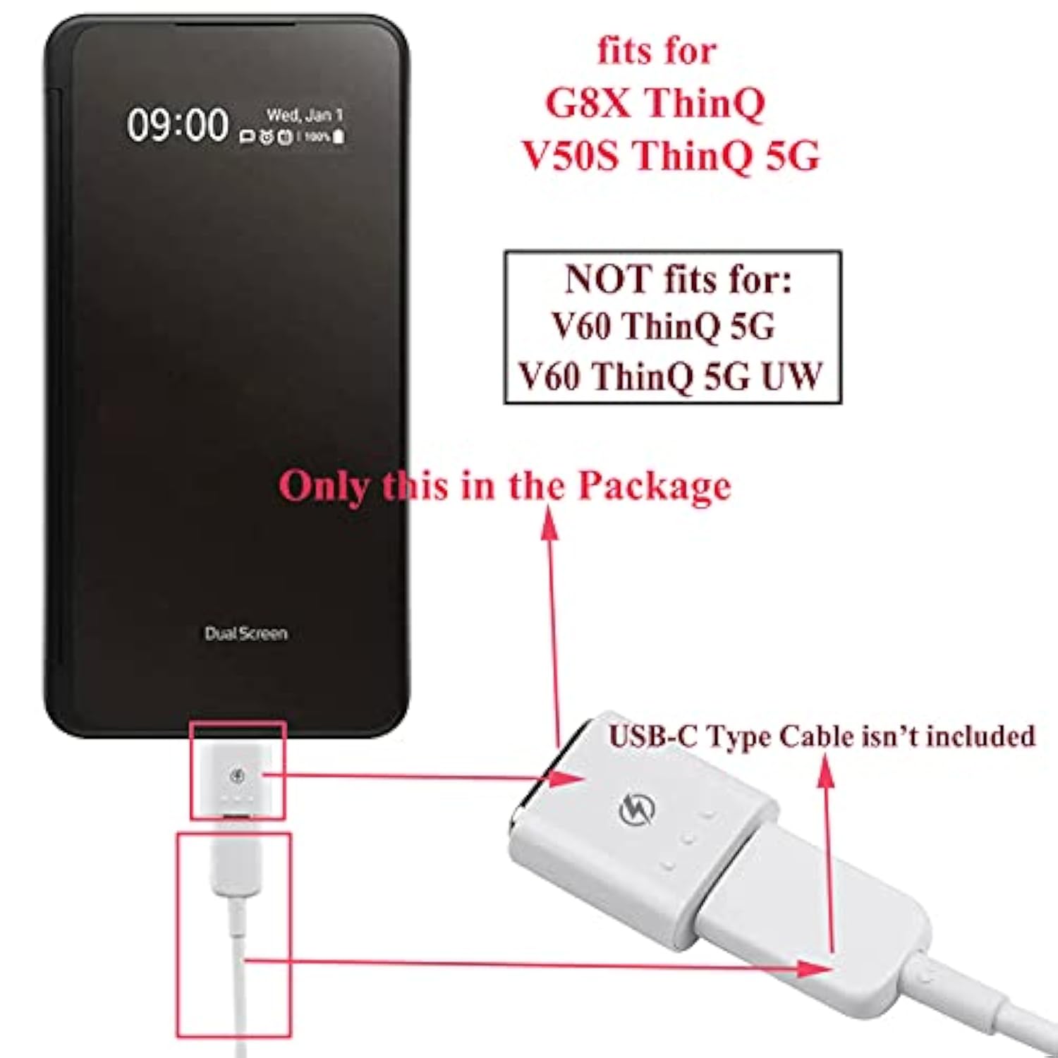 Ubrokeifixit Ubrokeifixit For G8X Thinq Dual Screen Cover Case Charging Magnetic Adapter Gender Charger Connector Replacement For G8X Thinq,V50S Thinq 5G Lm-V510N (G8Xwhite)