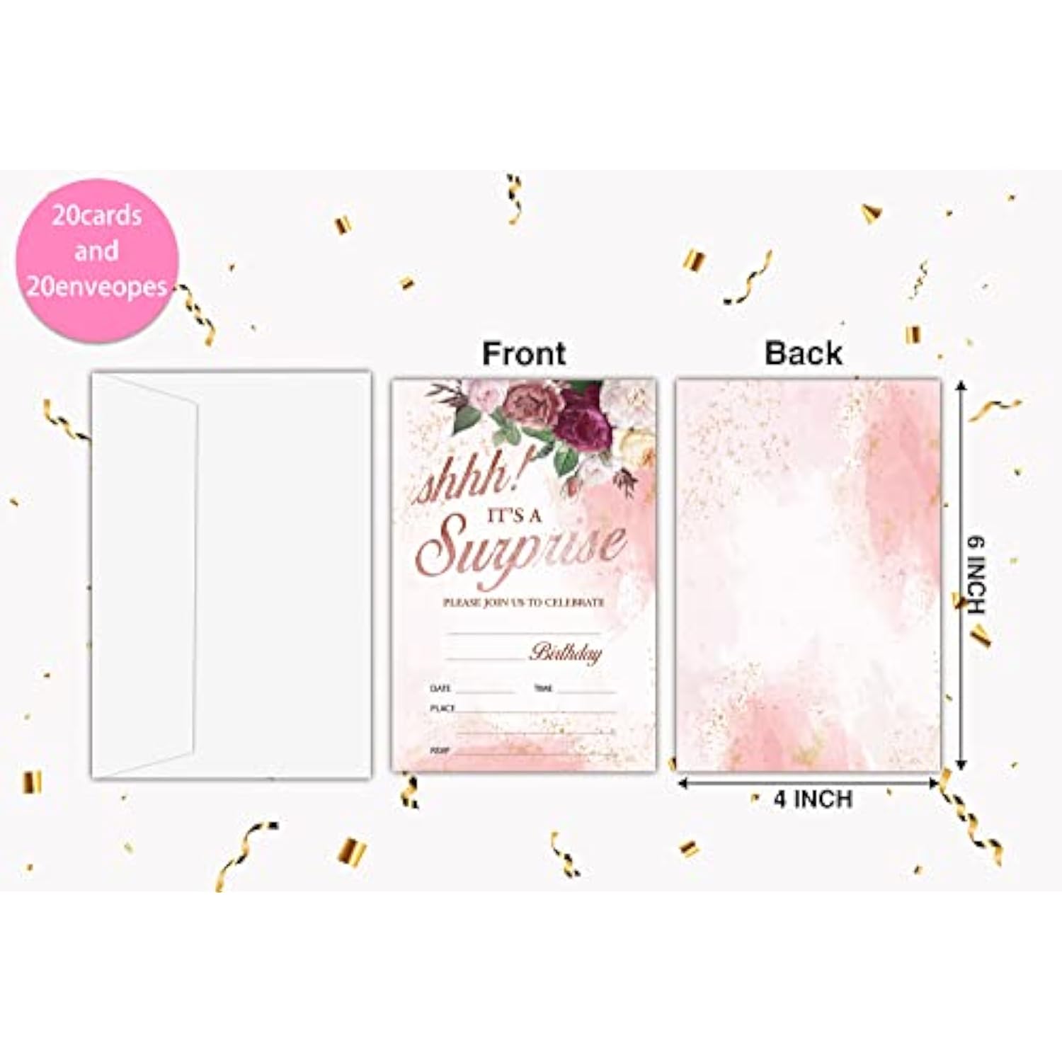 Birthday Party Invitation Cards For Kids, Shhh It'S A Surprise Party Invites, Cards For Girls Boys, Party Celebration For Teens, Party Supplies, Decoration, Personalized 20 Cards With Envelopes(D003)
