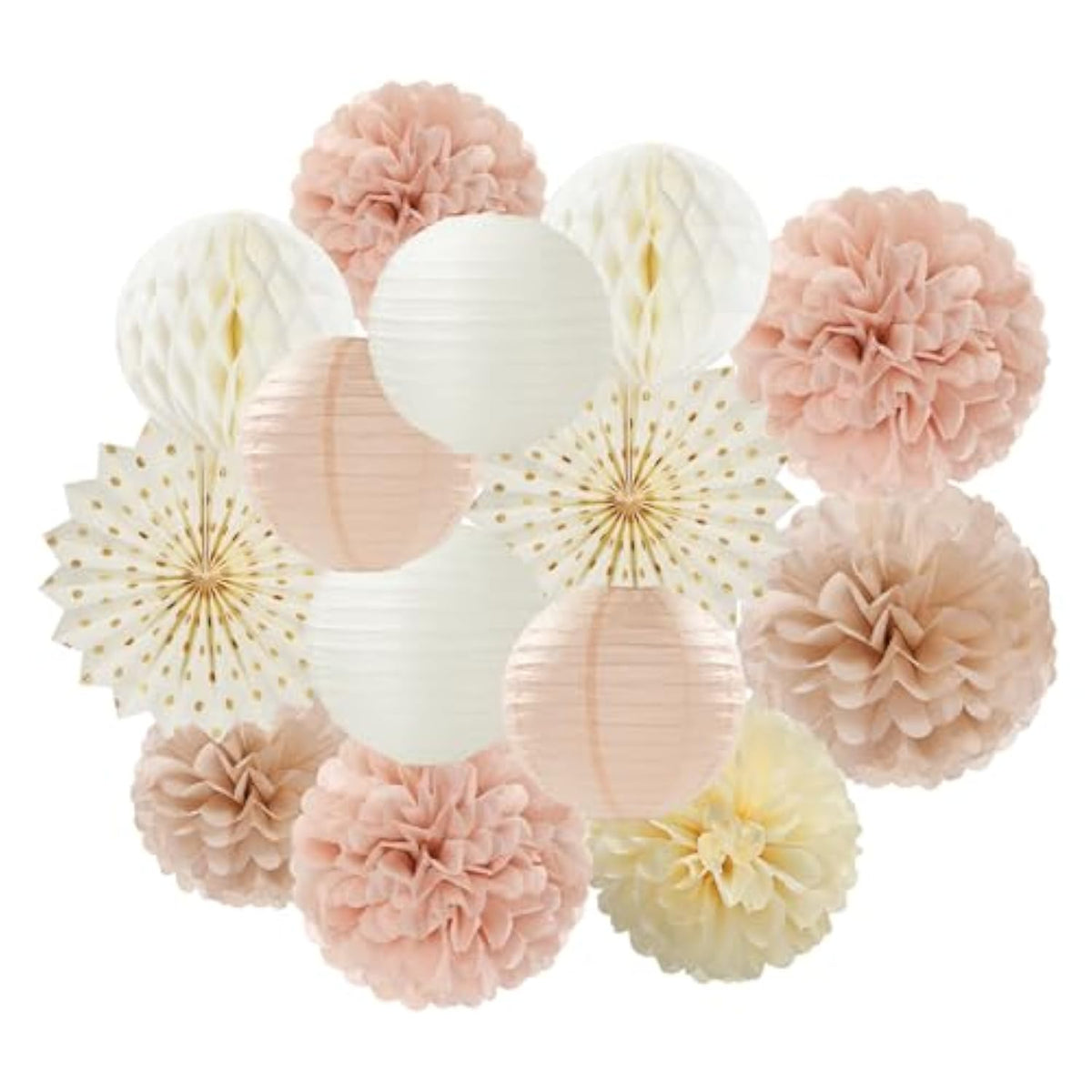 Champagne Gold Beige Peach Boho Streamers 14 Pcs Paper Honeycomb Lanterns Fans Decor