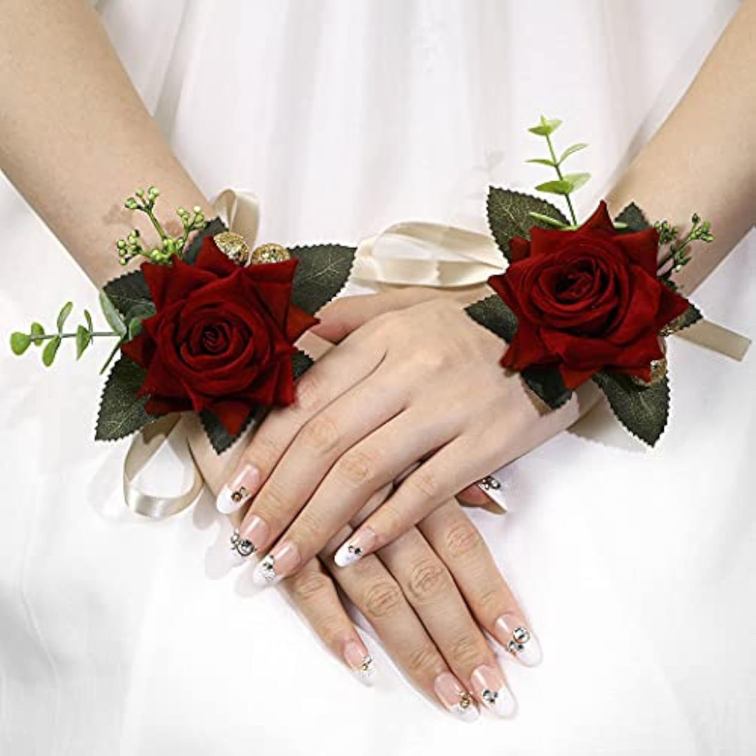 Red Rose Wrist Corsage, Gold-Accented Artificial Flowers With Satin Ribbon, Wedding And Prom Formal Wear
