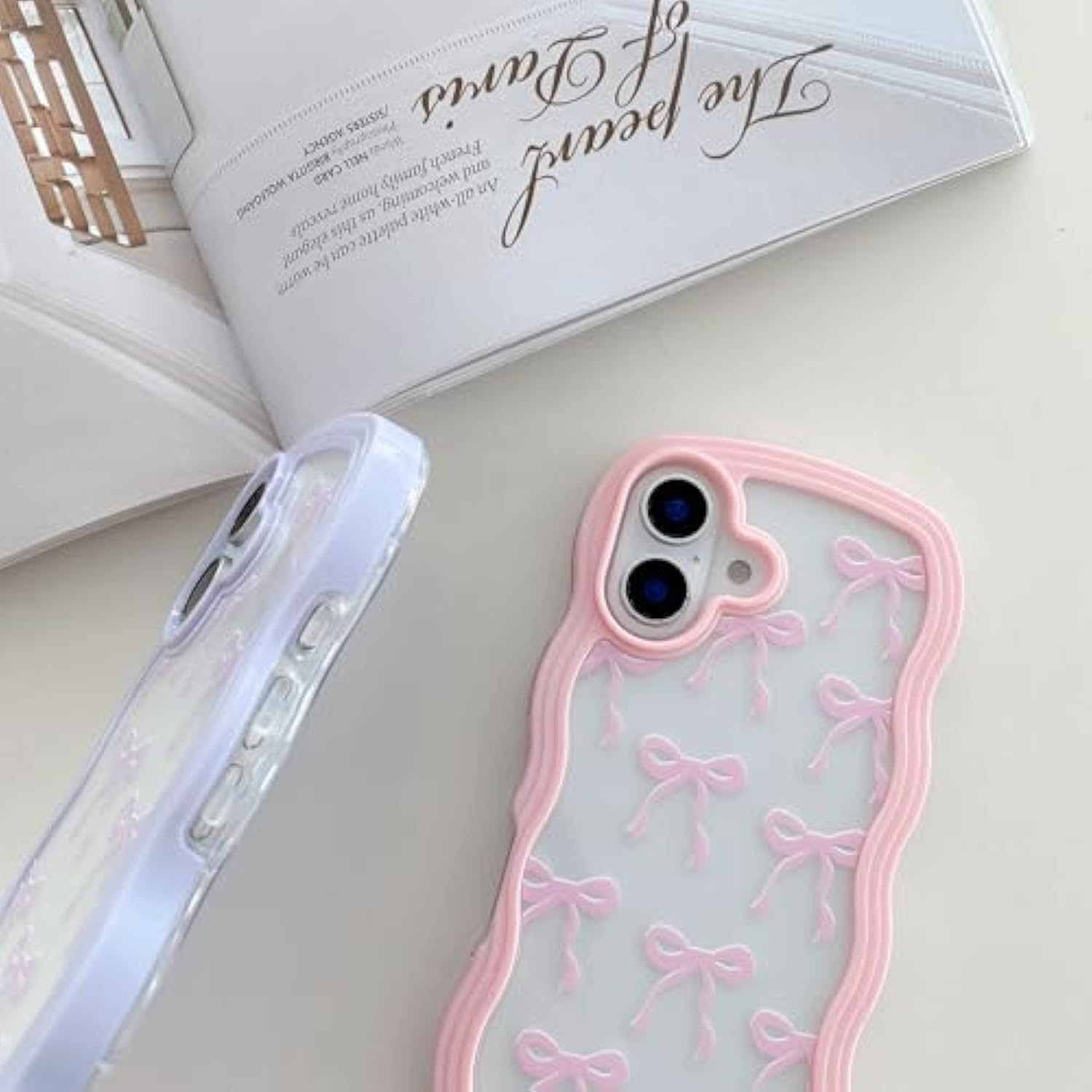 Cute Bow Case For Iphone 16 Plus, Clear Ribbon Bow Pattern Curly Wave Edge Aesthetic Transparent Phone Case, Slim Shockproof Protective Phone Cover For Women Girls - Pink