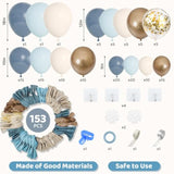 153Pcs Dusty Blue Balloon Garland Arch Kit, Different Sizes 18 12 10 5 Inch Blue White Sand Latex Metallic Confetti Gold Balloons For Boys Birthday Boho Baby Shower Party Decoration Supplies