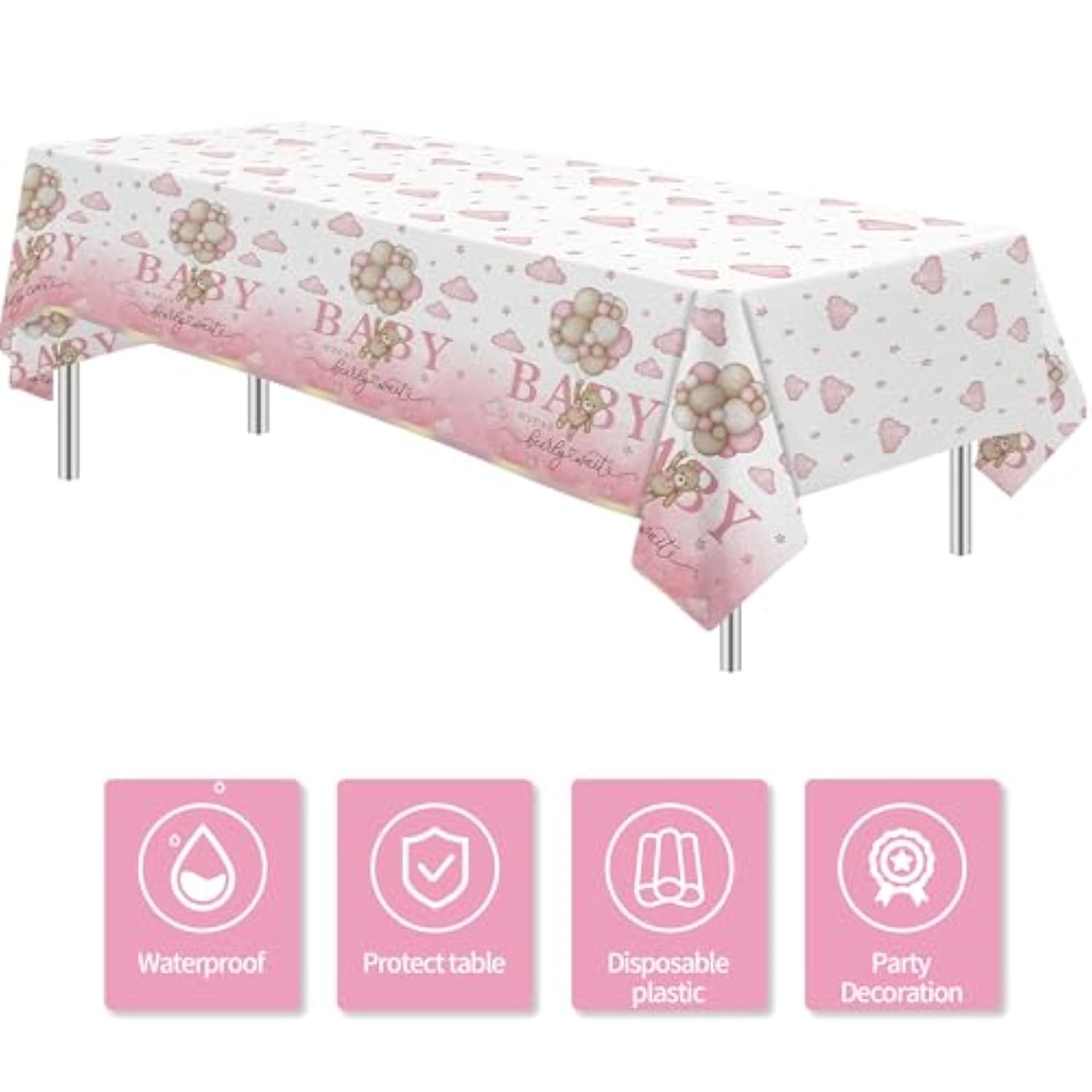 Pink Bear Baby Shower Tablecloth Decorations - Disposable Bear We Can Bearly Wait Baby Shower Decorations Table Cover Party Supplies For Girl- 3 Pack (54In X 108In)