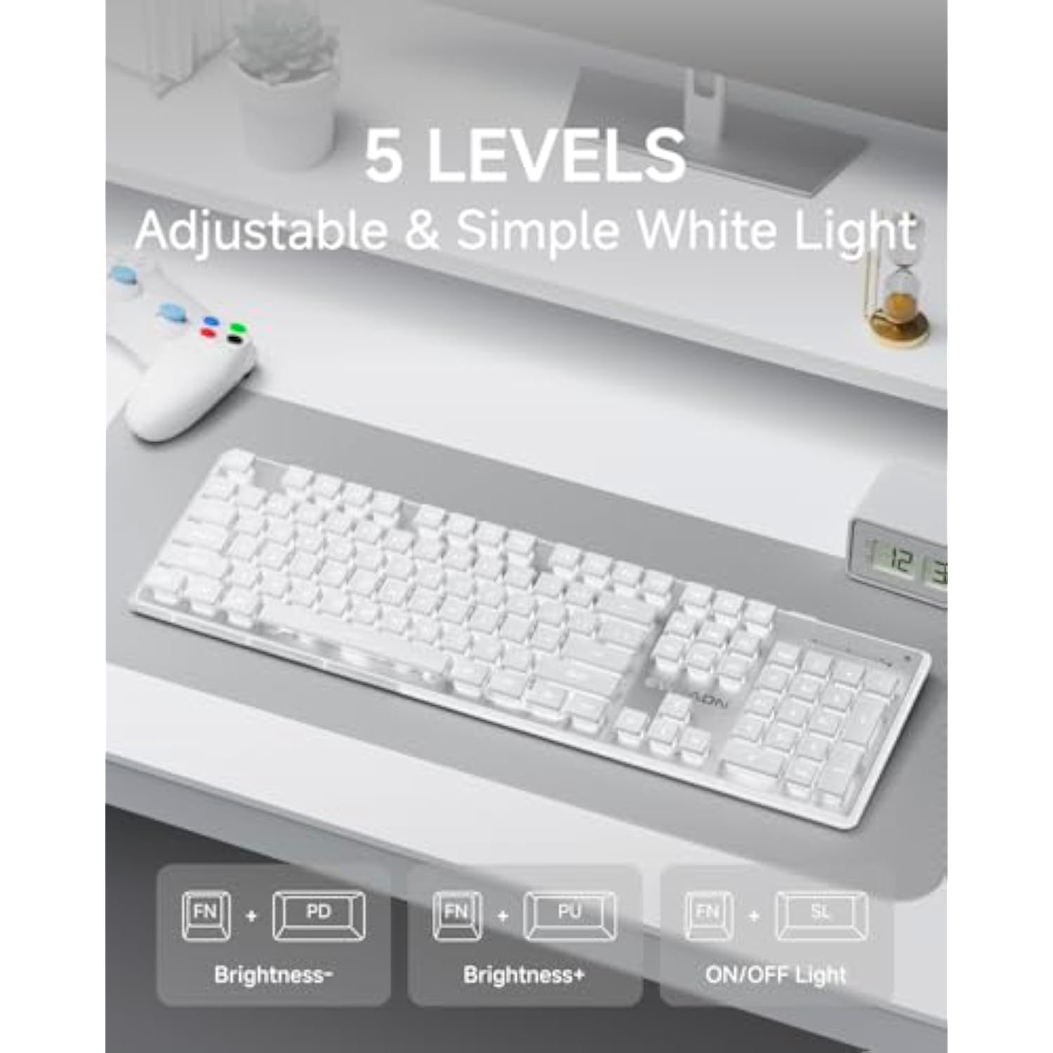 Eweadn X7S Wireless Keyboard With White Backlit, Metal Panel, Bluetooth/2.4G Rechargeable Computer Keyboard Silent Light Up Full Size Cute Keyboards For Win & Mac-White