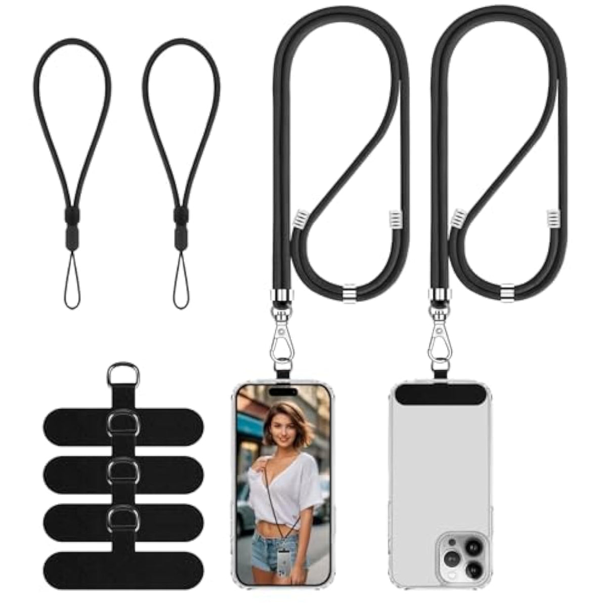 Cell Phone Lanyard, Universal 2× Phone Crossbody Lanyard For Women, 2× Wrist Phone Strap And 4× Upgraded Connectors Compatible With Most Phones (Black Black)