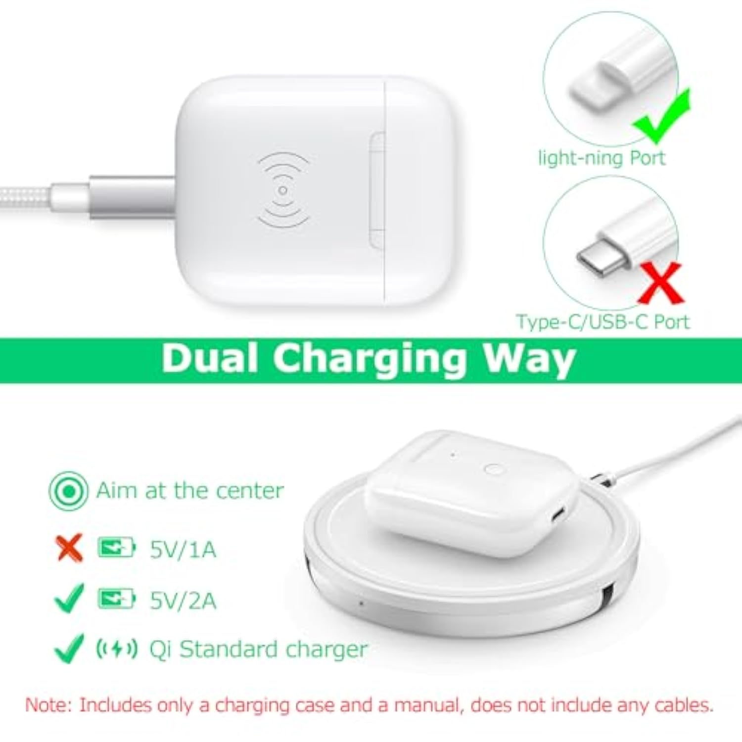 Wireless Charging Case Compatible With Airpods 1 2?Air Pods Charger Case Replacement With Bluetooth Pairing Sync Button?No Aipods (White)