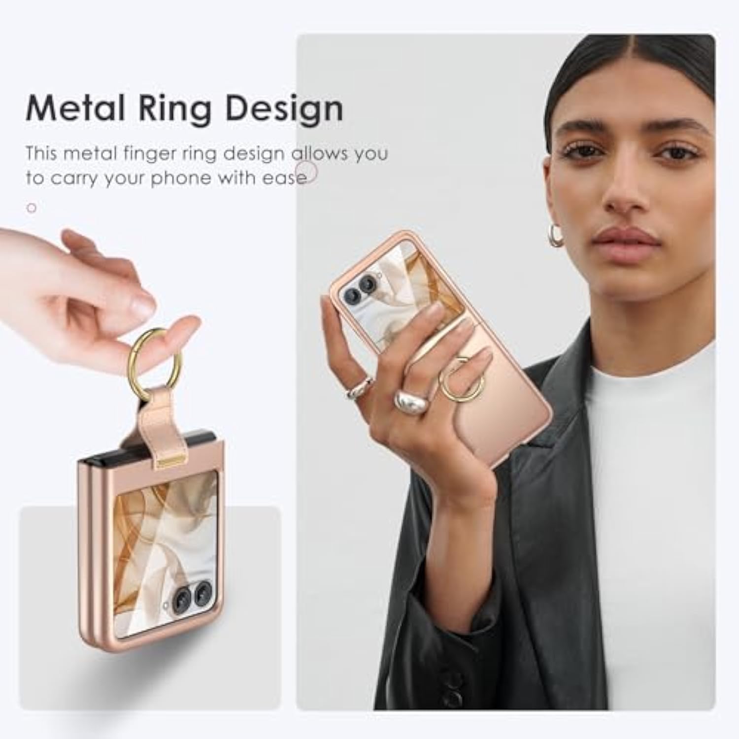 For Motorola Razr 2024/2025 Case With Ring [Not Fit Razr Plus 2024/2025], Moto Razr 2025 & Razr 2024 Case With Built-In Outer Screen Protector Slim Cover (Rose Gold)