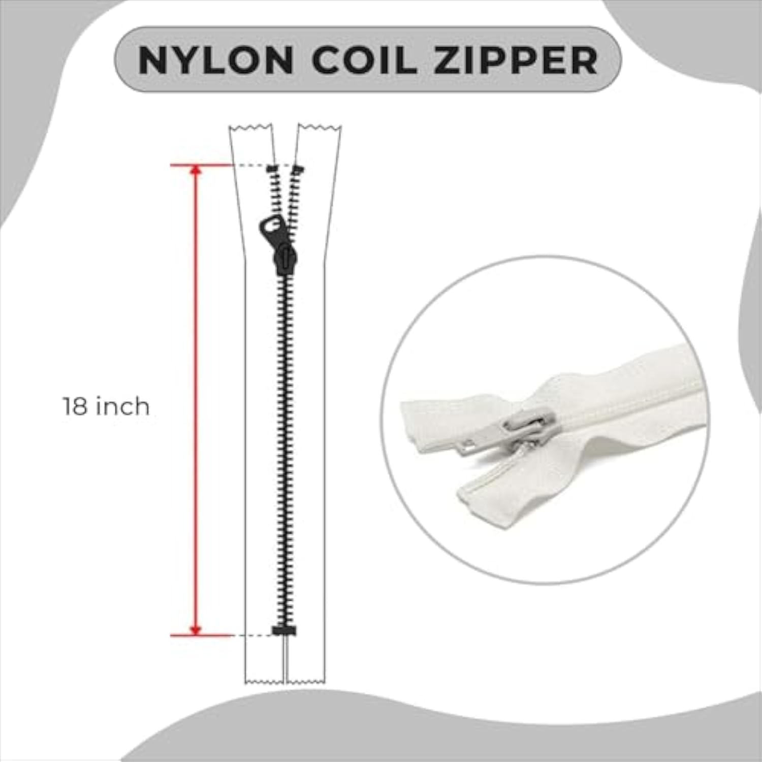 18" Nylon Coil White Zipper 18 Inch Non Separating Zipper White 18 Inc