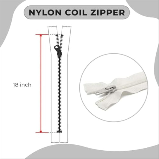 18" Nylon Coil White Zipper 18 Inch Non Separating Zipper White 18 Inc
