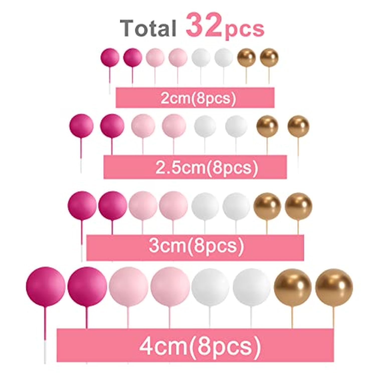 32 Pcs Ball Cake Topper Decorations Mini Balloons Cake Topper Sticks Foam Balls Cake Picks Cake Topper Balls Cake Decorations For Wedding Party Birthday Cake Decorating (Pink Gold)
