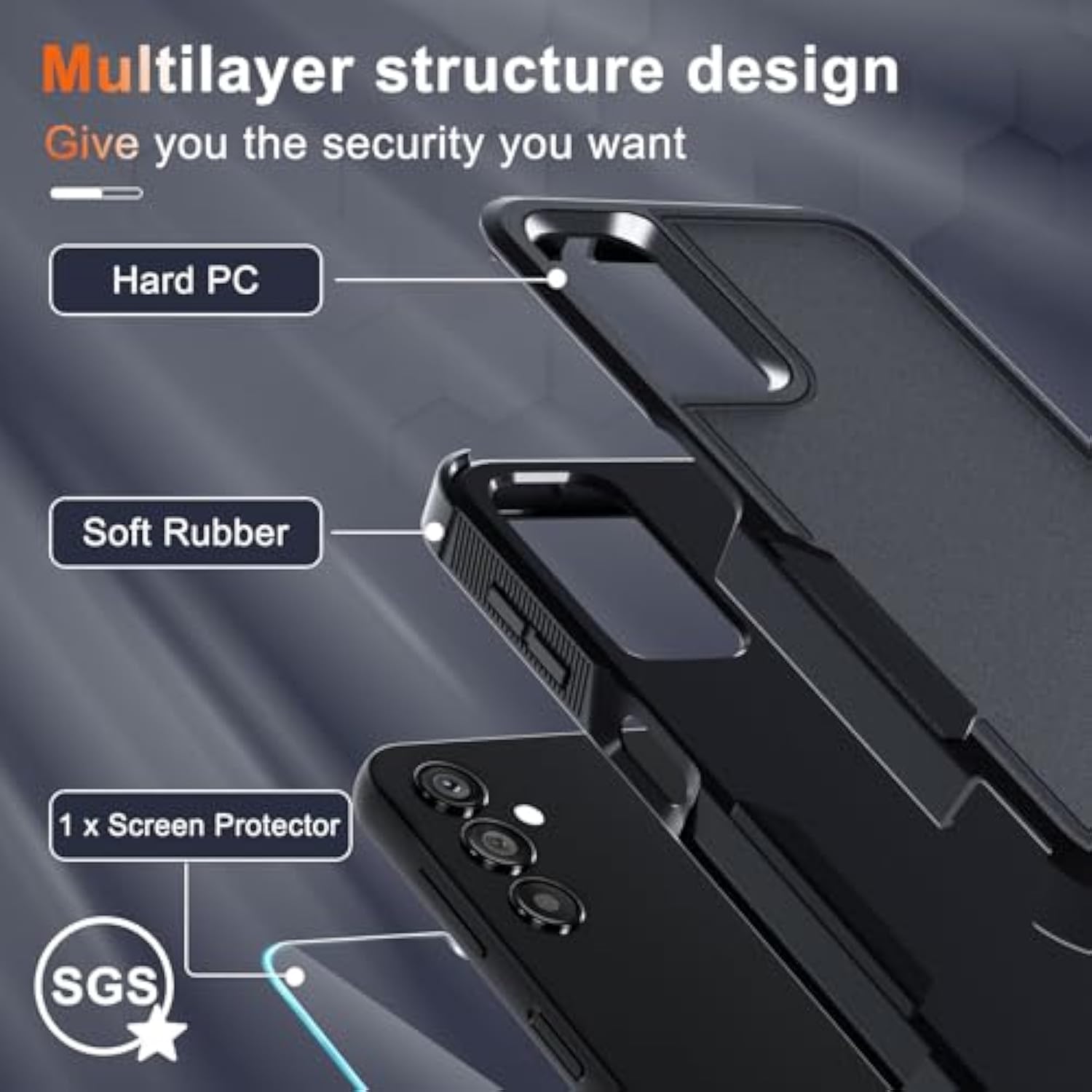 Case For Samsung Galaxy A25, Full Body Heavy Duty Rugged Shockproof Protective Phone Cover With Lanyard Strap, Tempered Glass Screen Protector, Black Matte