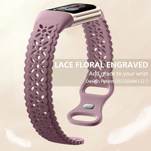 Floral Engraved Bands Compatible with Fitbit Charge 5 Band/Fitbit Charge 6 Band for Women, Charm Lace Silicone Soft Sport Watch Bands Bracelet Straps