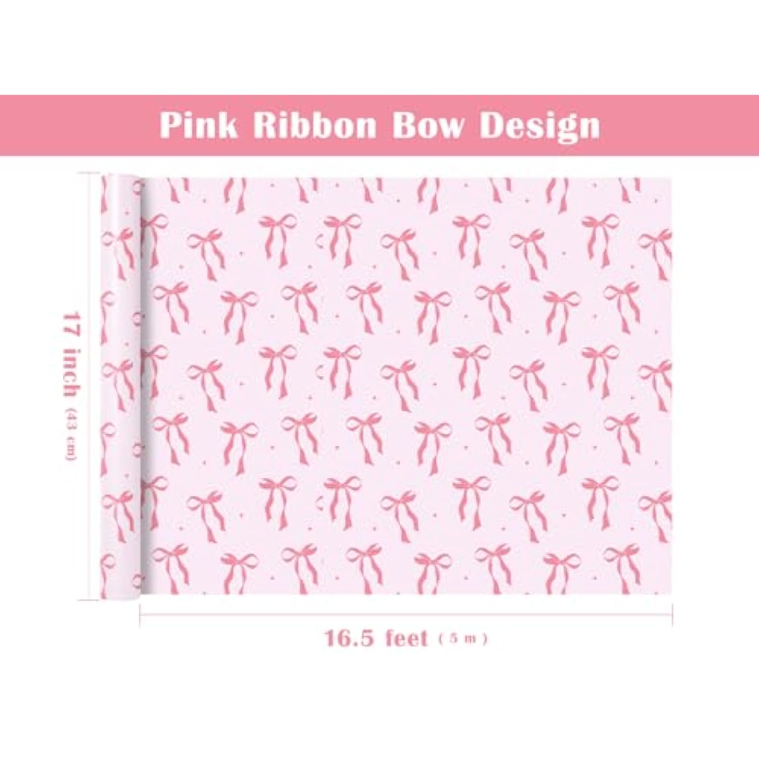 Pink Bow Gift Wrap - 17"x16.5' Roll for Valentine’s, Birthday, Baby Shower