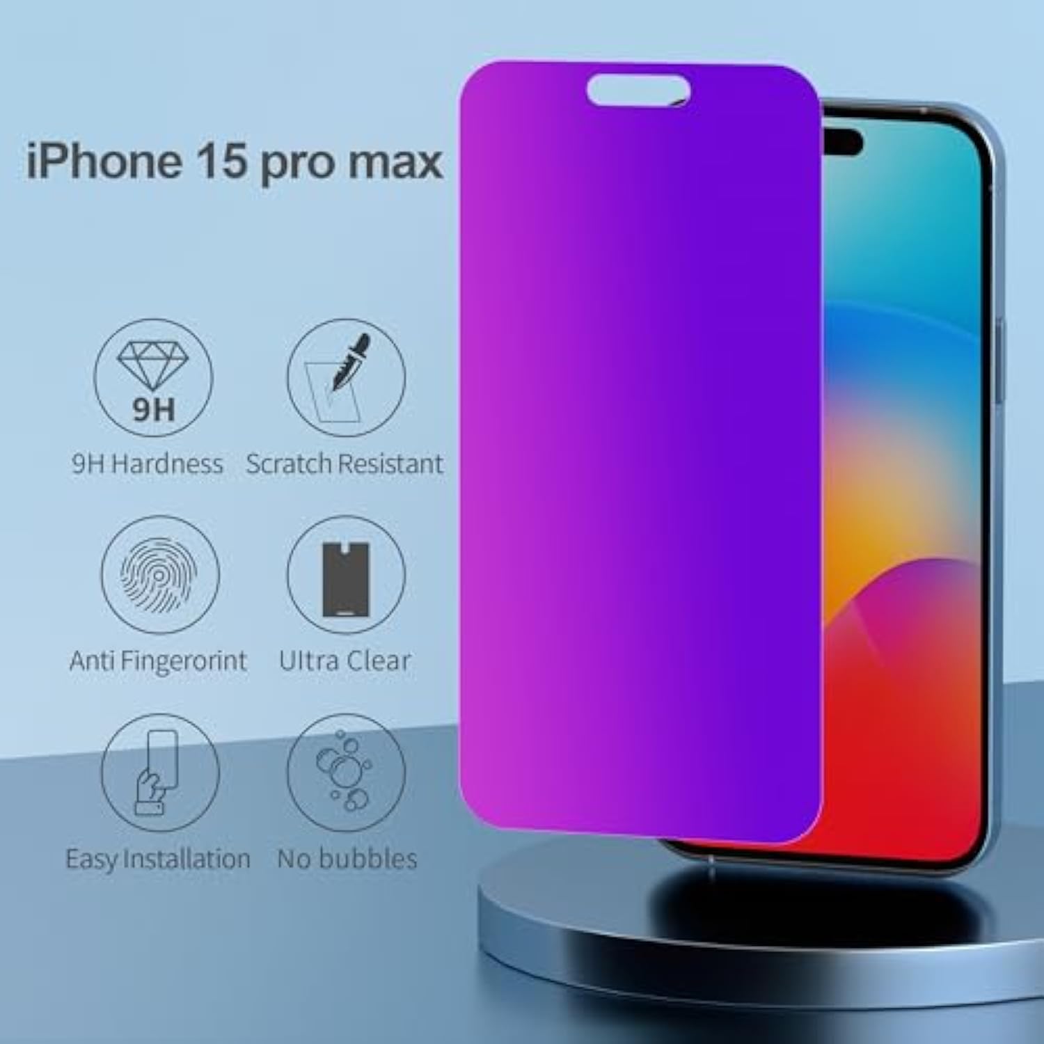 Compatible For Iphone 15 Pro Max Privacy Screen Protector Tempered Glass 6.7 Inch, Purple Gradient Anti Spy Anti Blue Light Hd Easy Installation