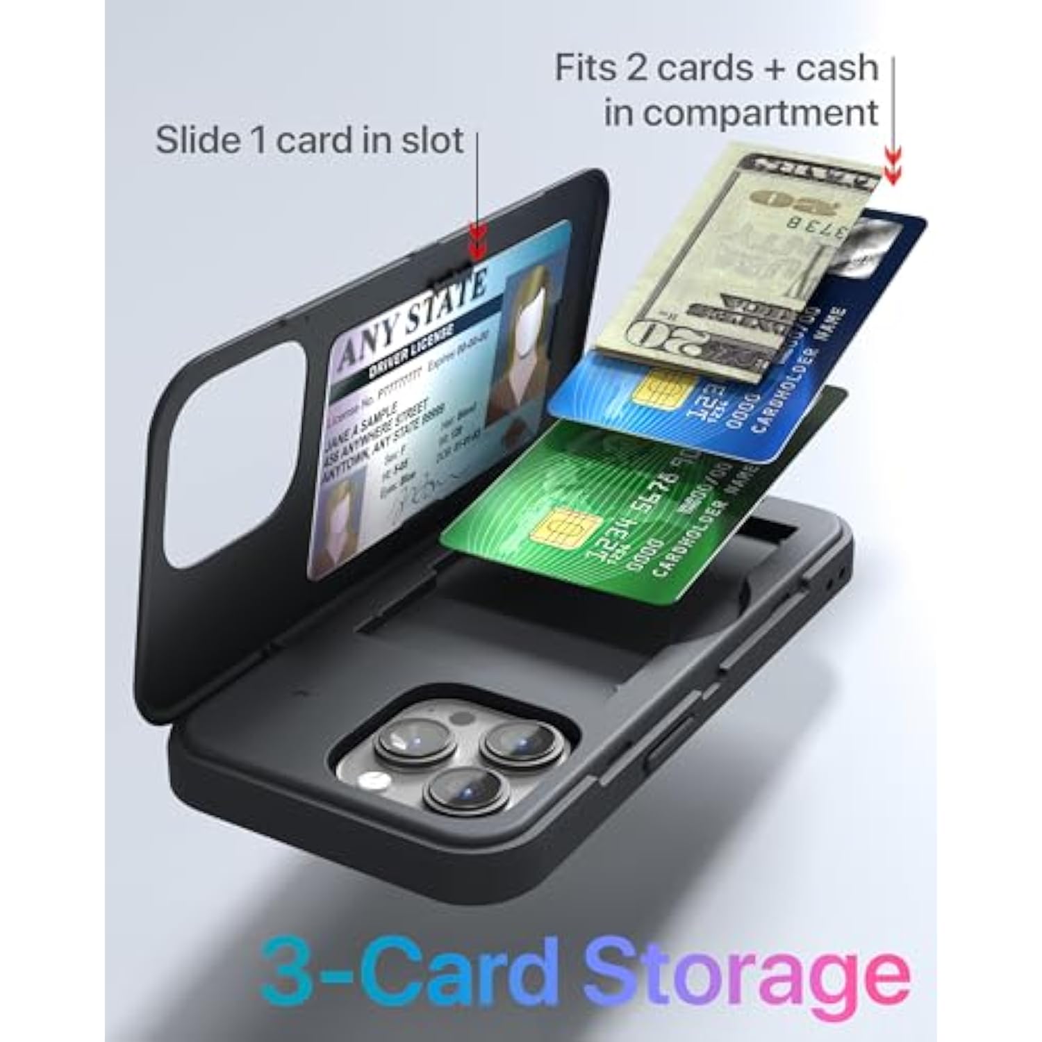 Cx Slim For Iphone 15 Pro Max Case Wallet | Protective Shockproof Heavy Duty Cover With Hidden Card Holder & Card Slot | Mirror & Wrist Strap Included - Black