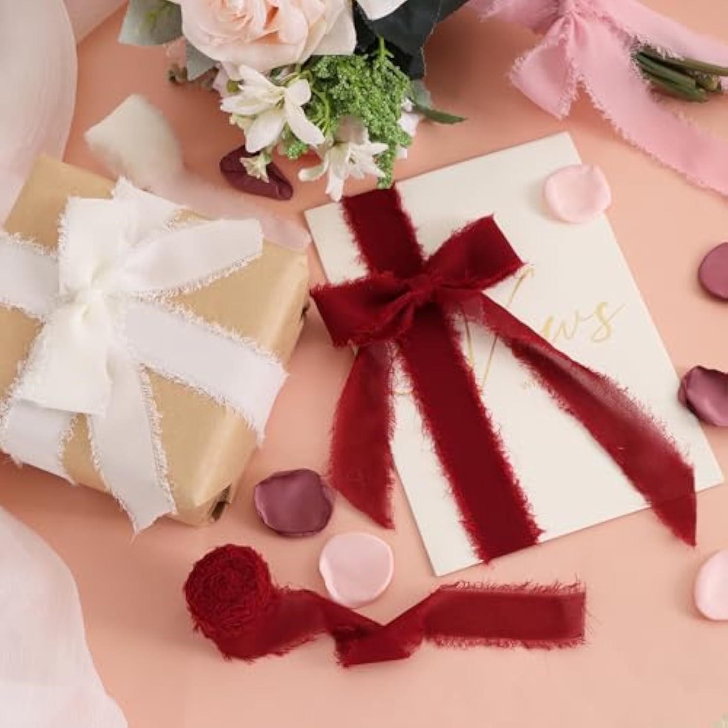 4 Rolls 1-1/2 Inch White Cream Chiffon Silk Ribbon 22Yds Handmade Frin