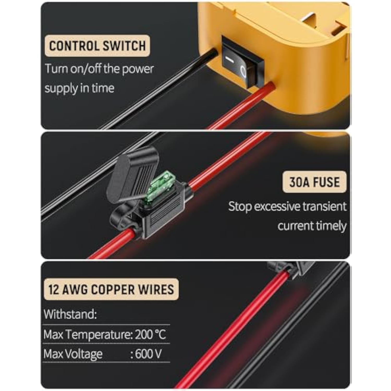2 Pack Power Wheel Adapter For Dewalt 20V Battery With Switch, Dc Power Adapter For Rc Car Truck Diy & Robotics, Conversion With Fuse Switch 12 Awg Wires