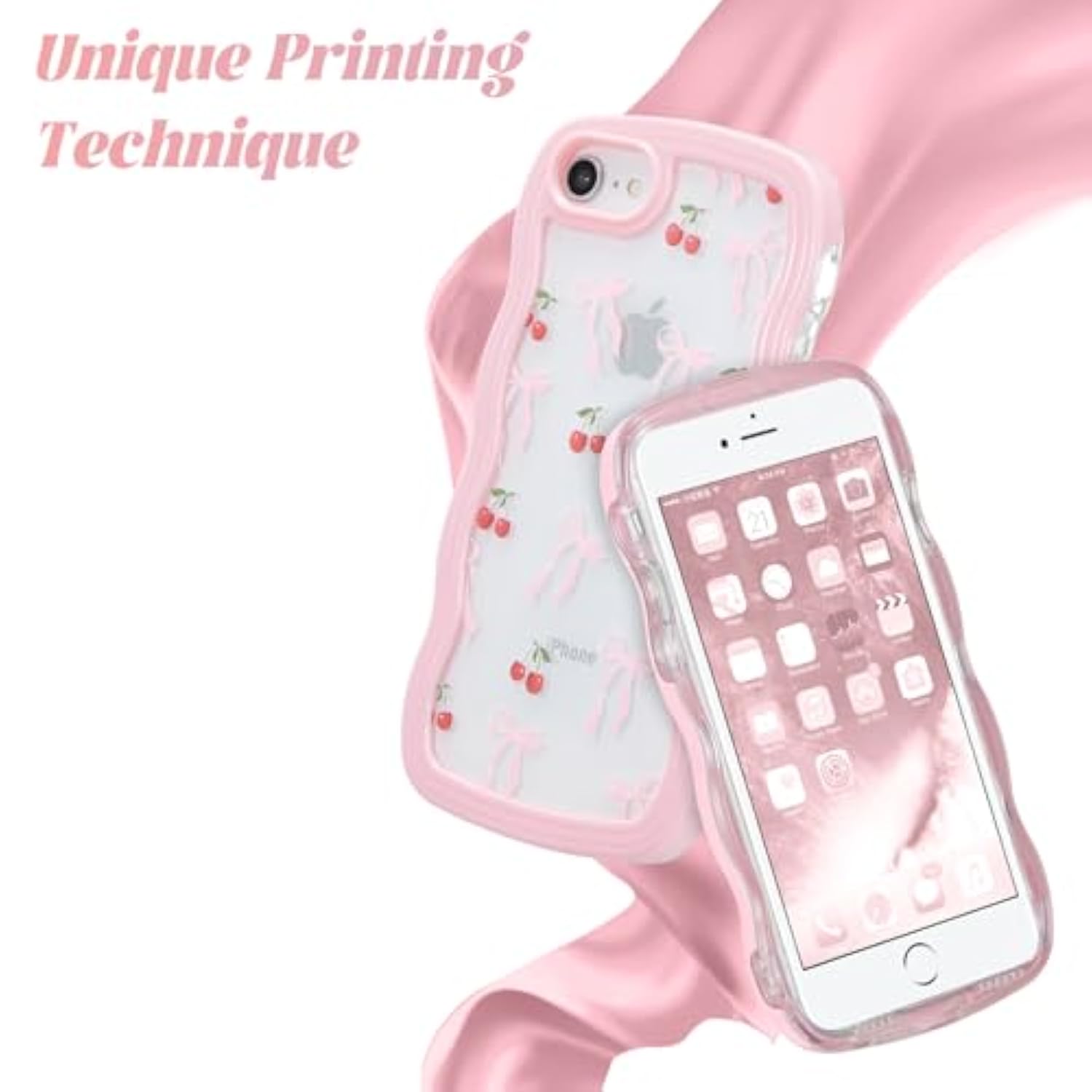 For Iphone 7/8/Se Case 4.7 Inch,Cute Curly Wave Frame Shape Case With Cherry Ribbon Bow Pattern, Clear Slim Shockproof Hard Pc Bumper Phone Cover For Women Girls, Peach Pink