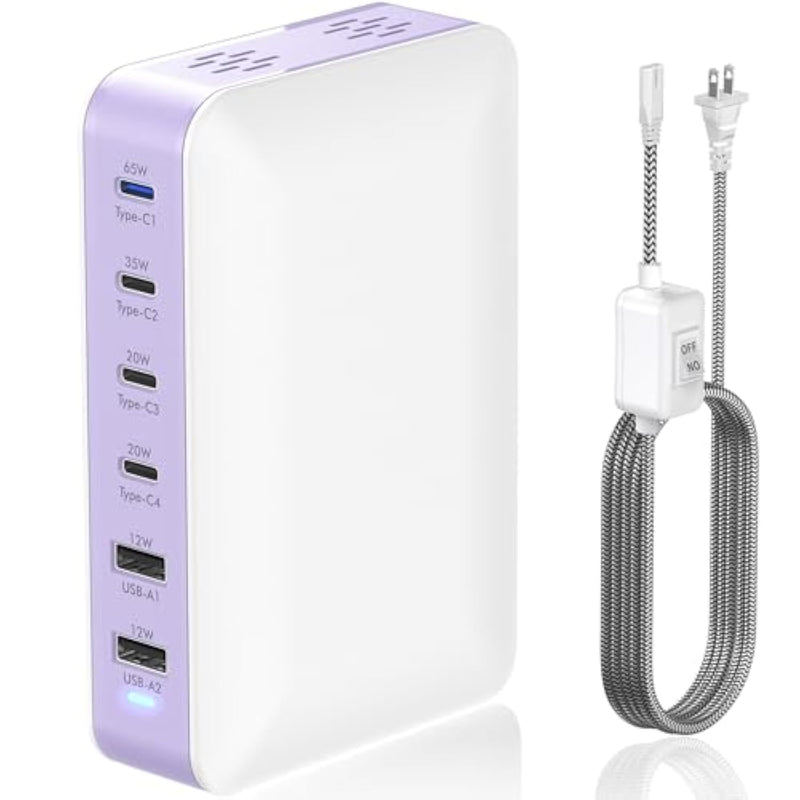 Usb C Charger Block Charging Station 164W 6 Ports Fast Desktop Charger With 4 Usb-C +2 Usb-A 65W Laptop Power For Macbook Pro/Air, Ipad, Iphone 15/15 Pro Max/15 Plus, Galaxy 24/23(White+Purple)