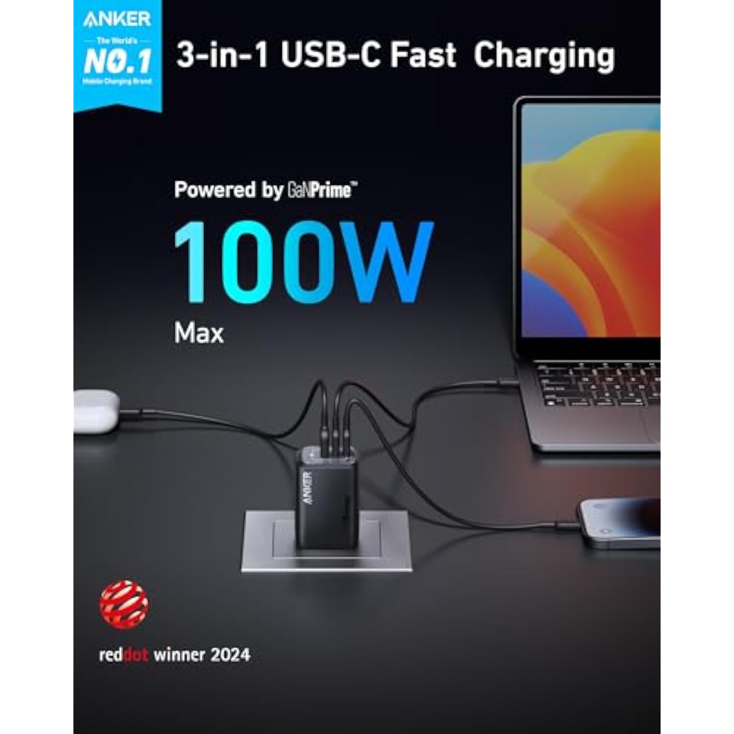 Anker Prime 100W USB C GaN Charger, 3-Port Compact Fast PPS Charger, for MacBook Pro/Air, Pixelbook, iPad, iPhone 16/Pro, Galaxy S23/S22, Note20, Pixel, Apple Watch, and More